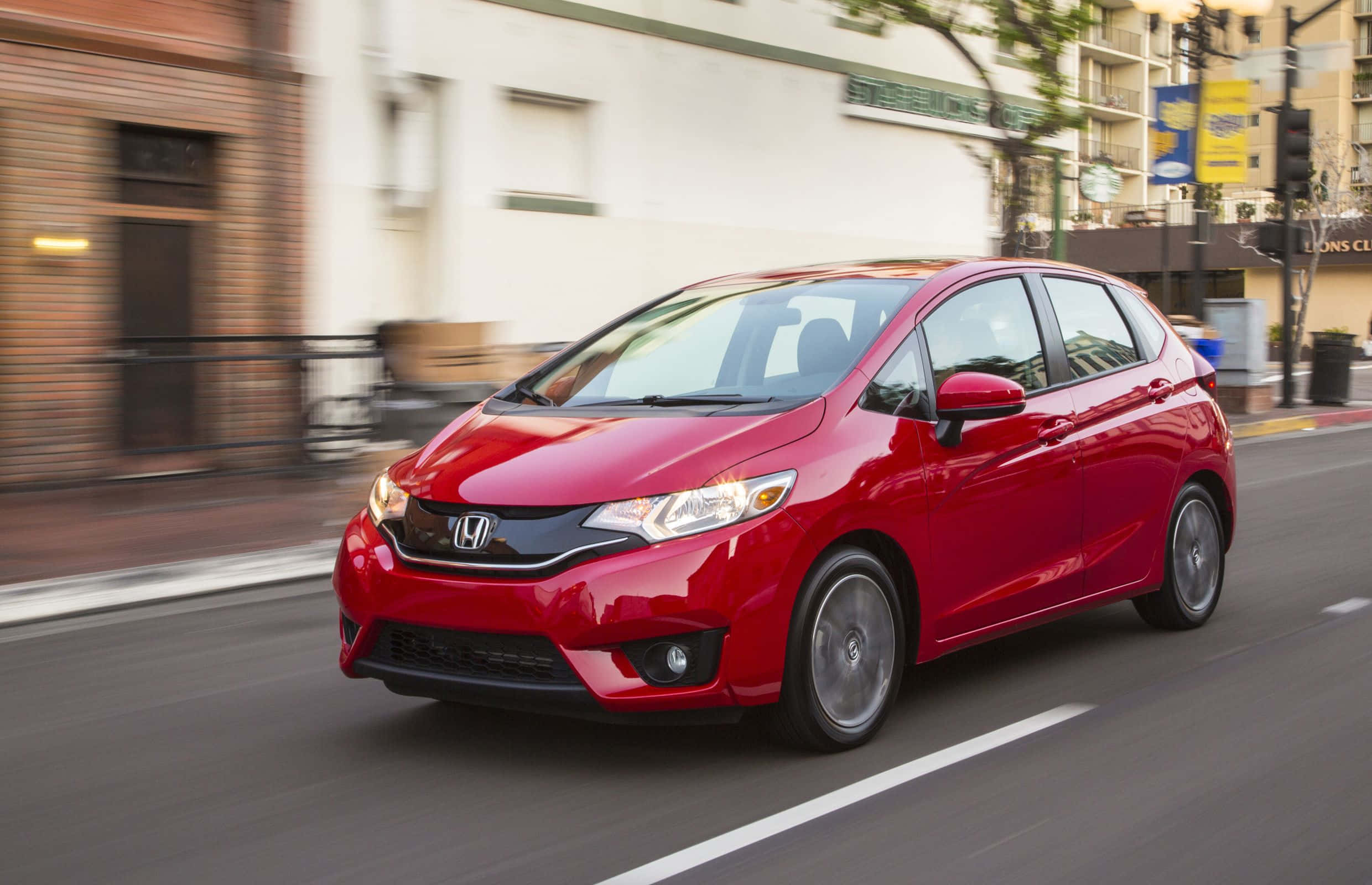 Honda Fit, vibrant red, city street, Full HD Desktop Wallpaper