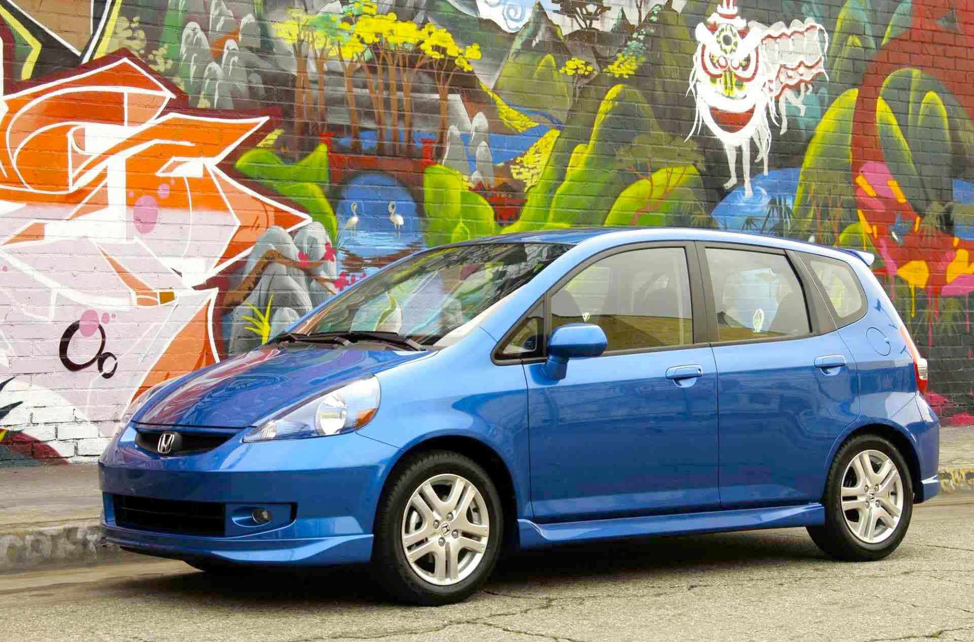 Honda Fit, vibrant blue, colorful graffiti-covered wall, Full HD Desktop Wallpaper