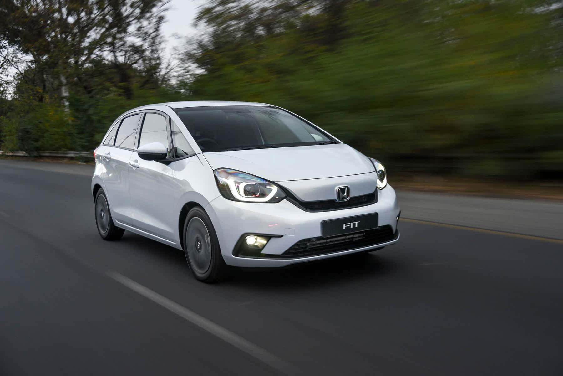 Honda Fit, white, tree-lined road, HD Desktop Wallpaper