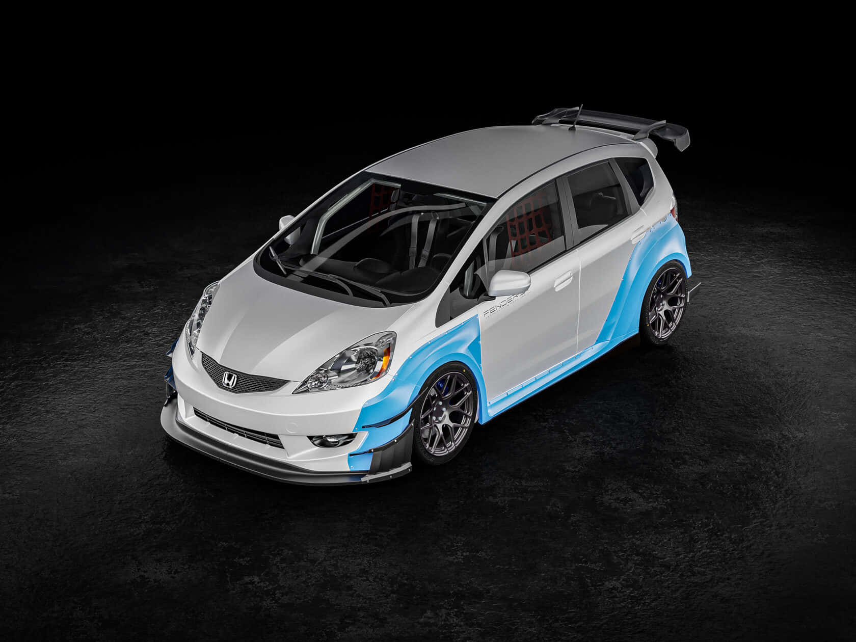 Honda Fit, white and blue, black racing wheels, HD Desktop Wallpaper