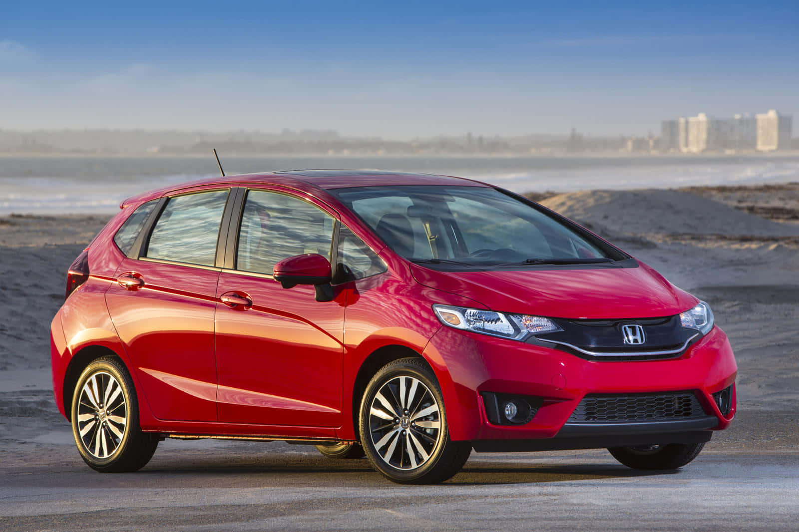 Honda Fit, glossy red, sandy beach, HD Desktop Wallpaper