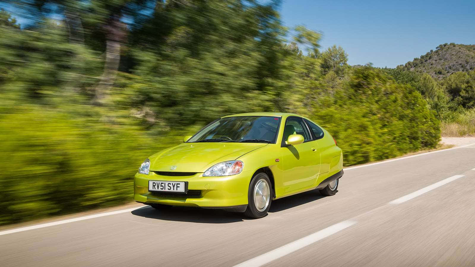 Honda Insight, lime green, sunlit country road, HD Desktop Wallpaper