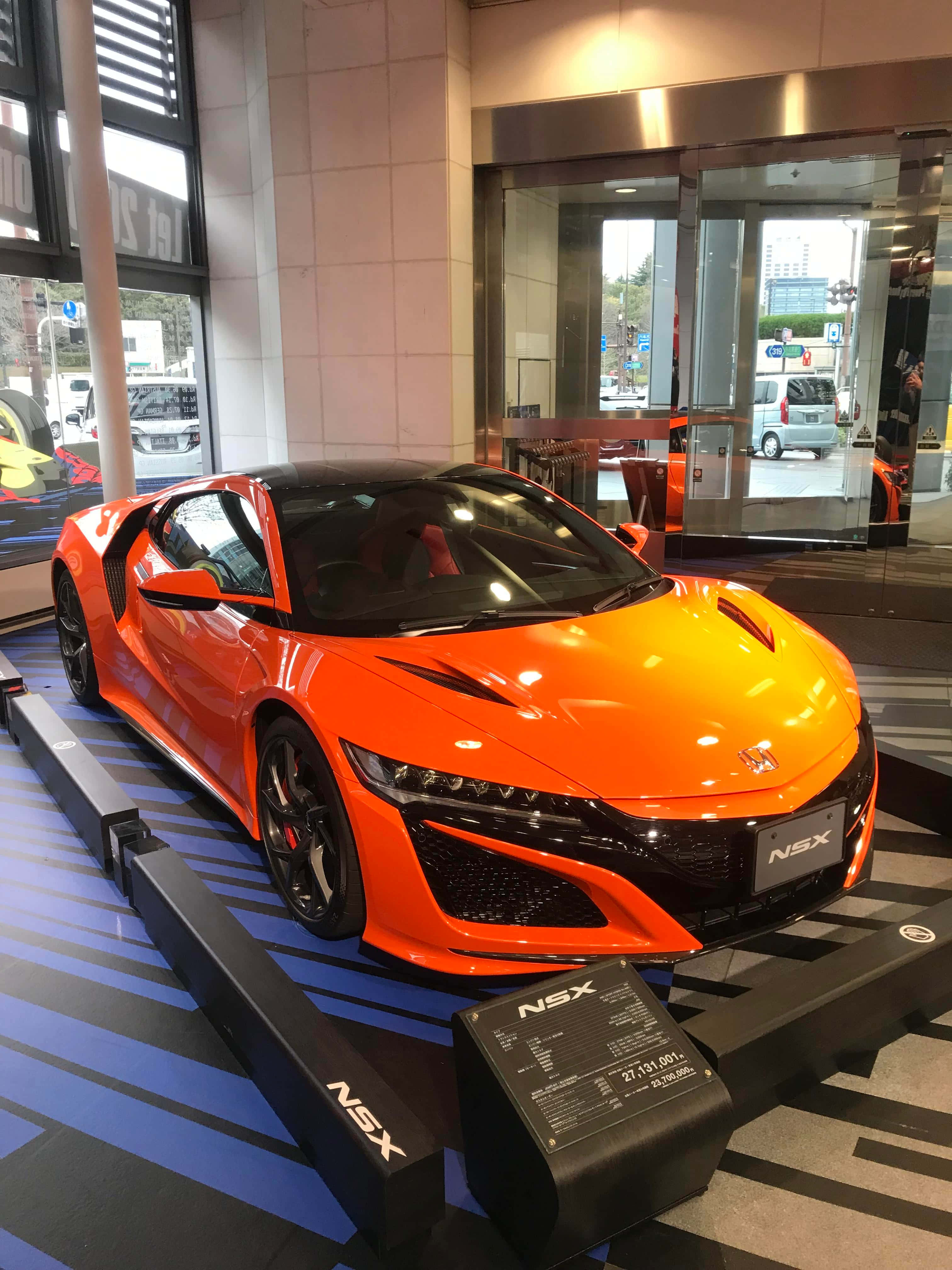 Honda Nsx, vibrant orange, showroom lights, 4K Phone Wallpaper