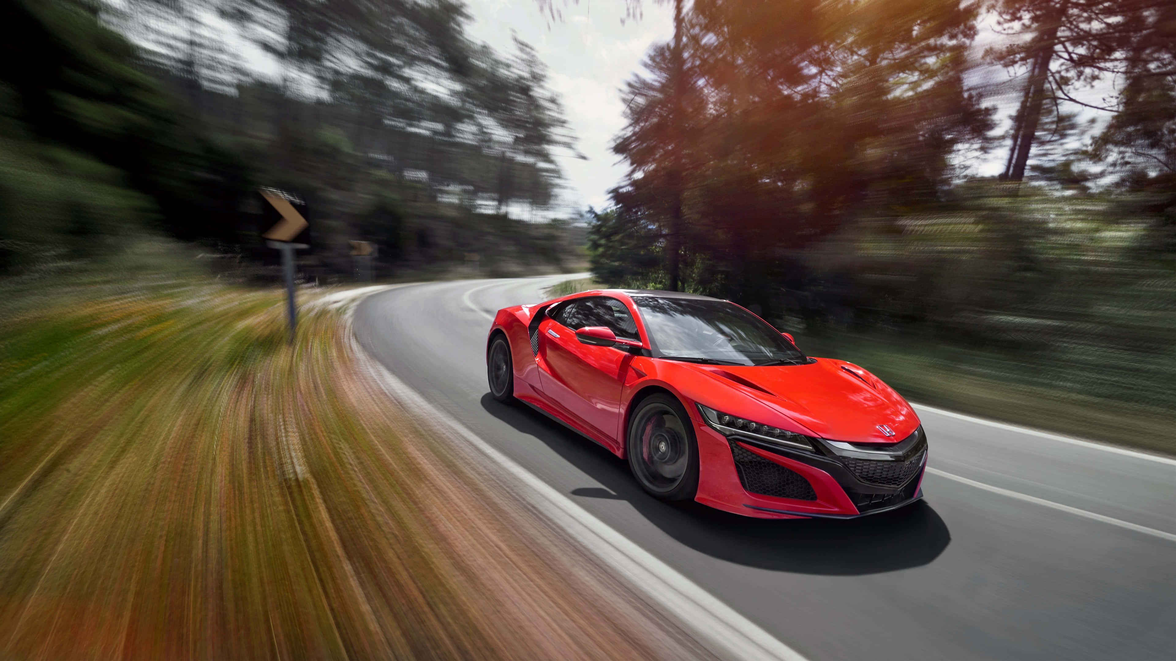 Honda NSX, vibrant red, winding forest road, 4K Desktop Wallpaper