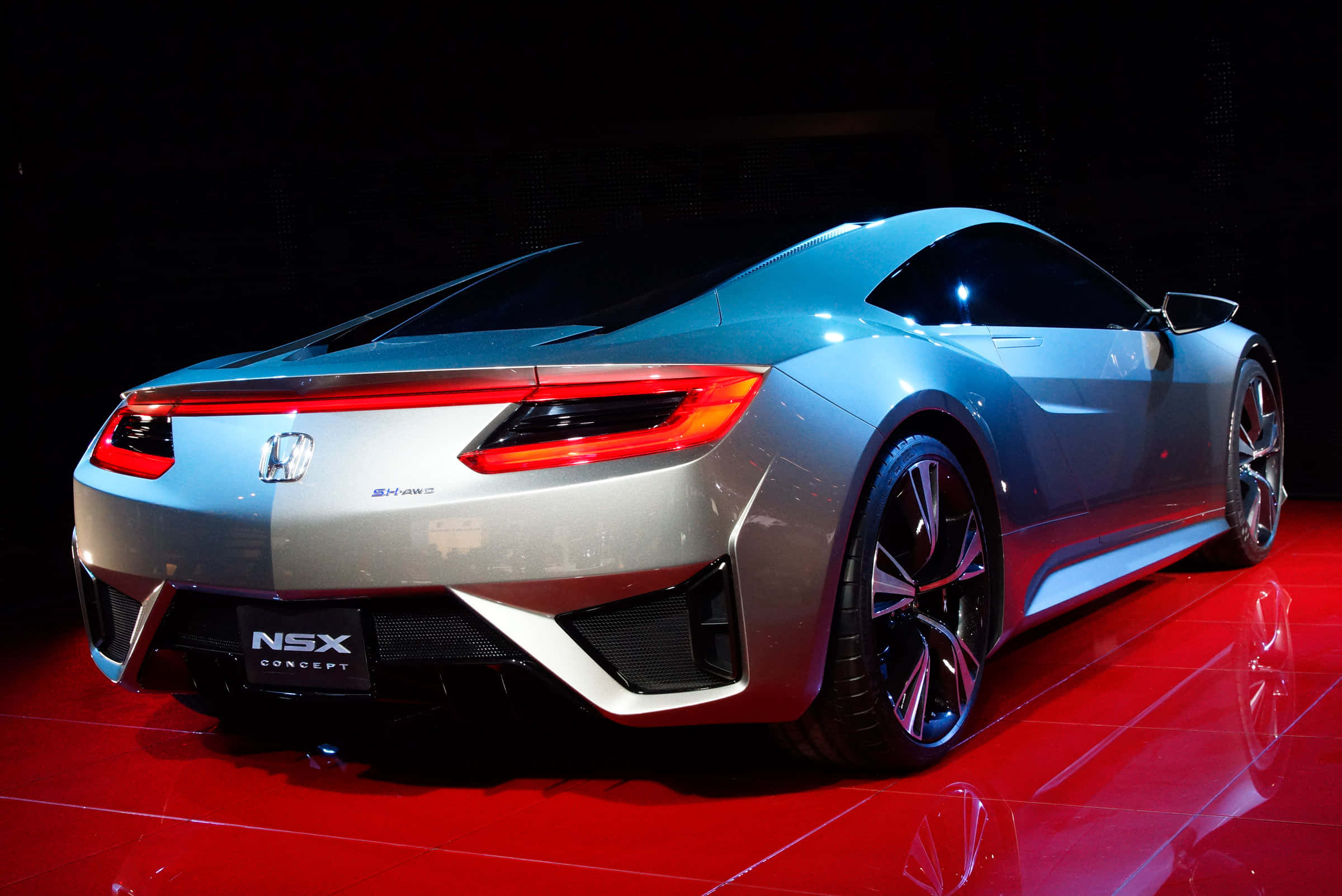 Honda NSX, silver, vibrant red reflective stage, Full HD Desktop Wallpaper