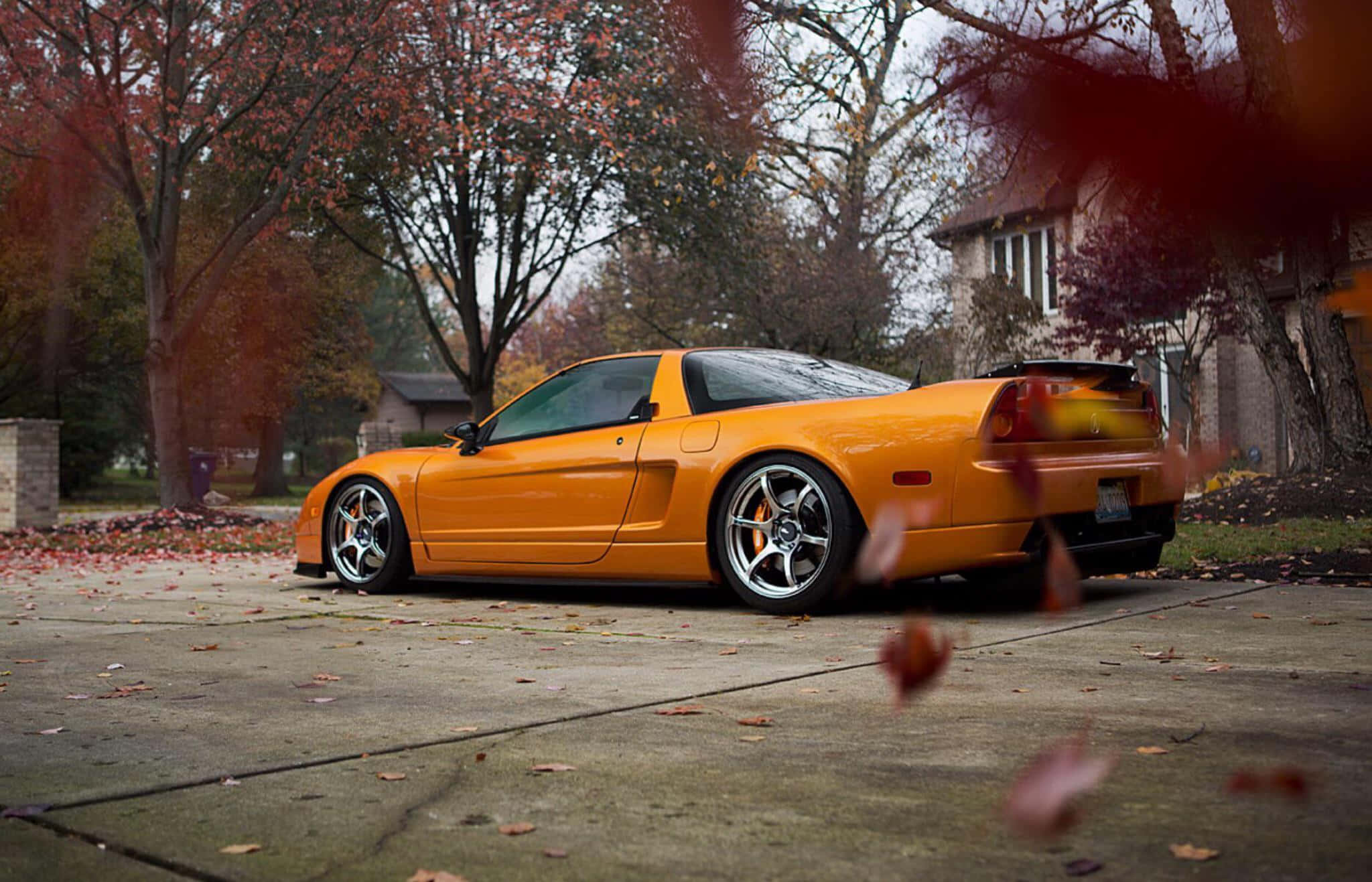 Honda NSX, vibrant orange, autumn trees, Full HD Desktop Wallpaper