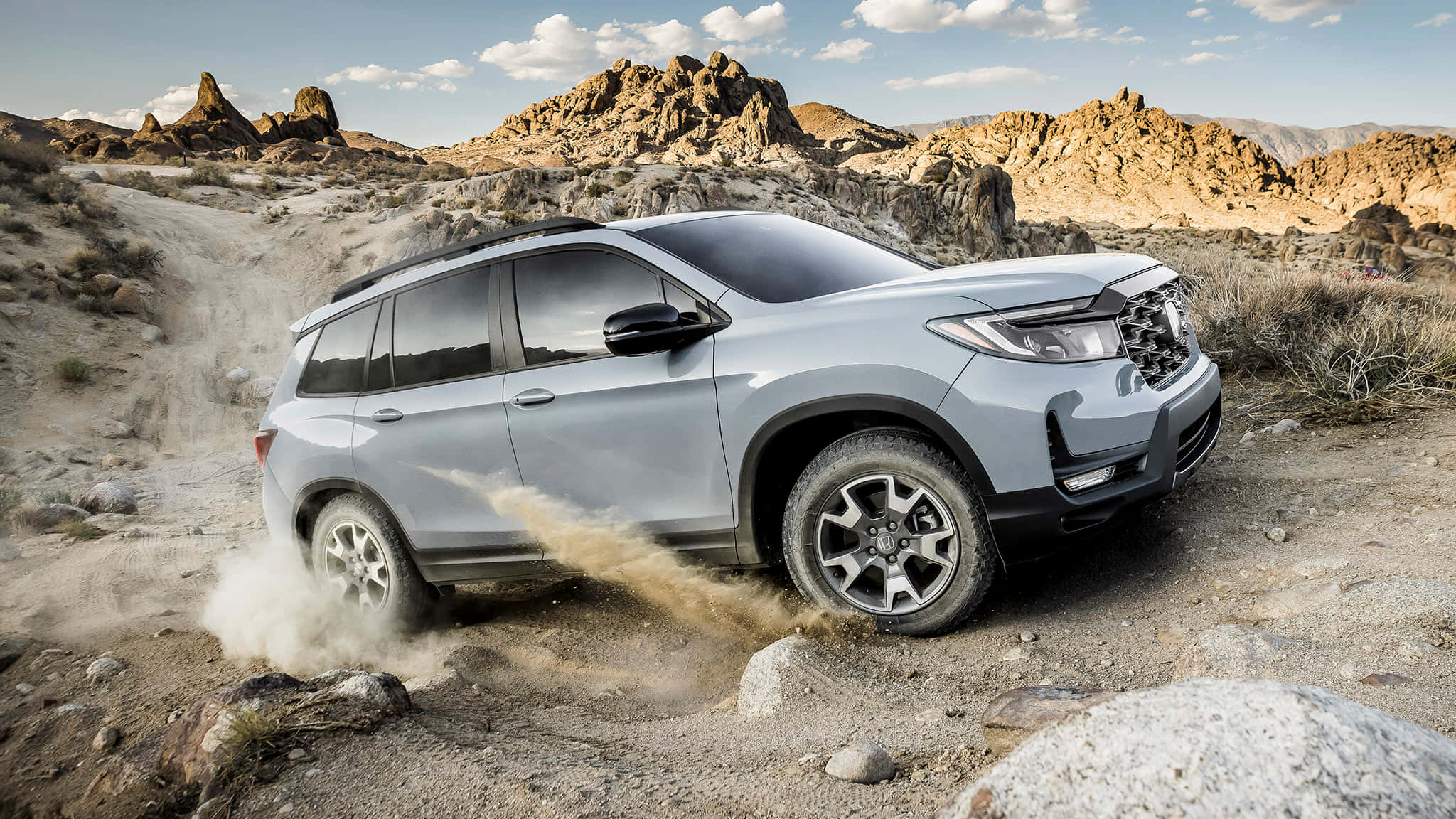 Honda Passport, silver, rocky desert terrain, Full HD Desktop Wallpaper