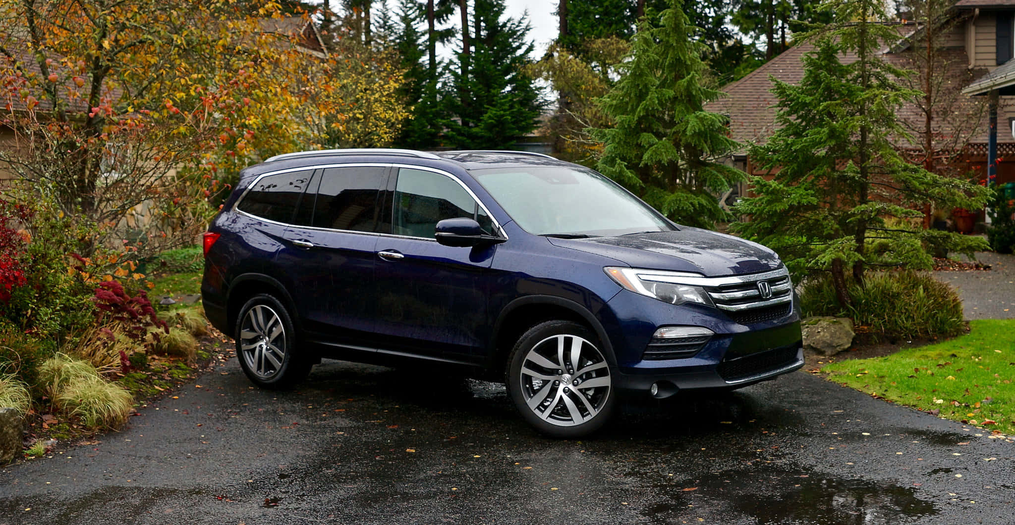 Honda Pilot, dark blue, wet driveway, Full HD Desktop Wallpaper