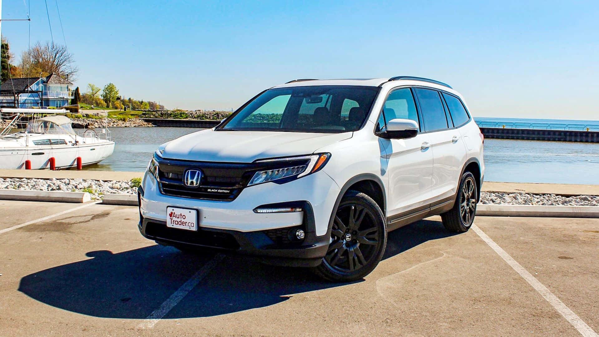 Honda Pilot, white, waterfront lot, Full HD Desktop Wallpaper