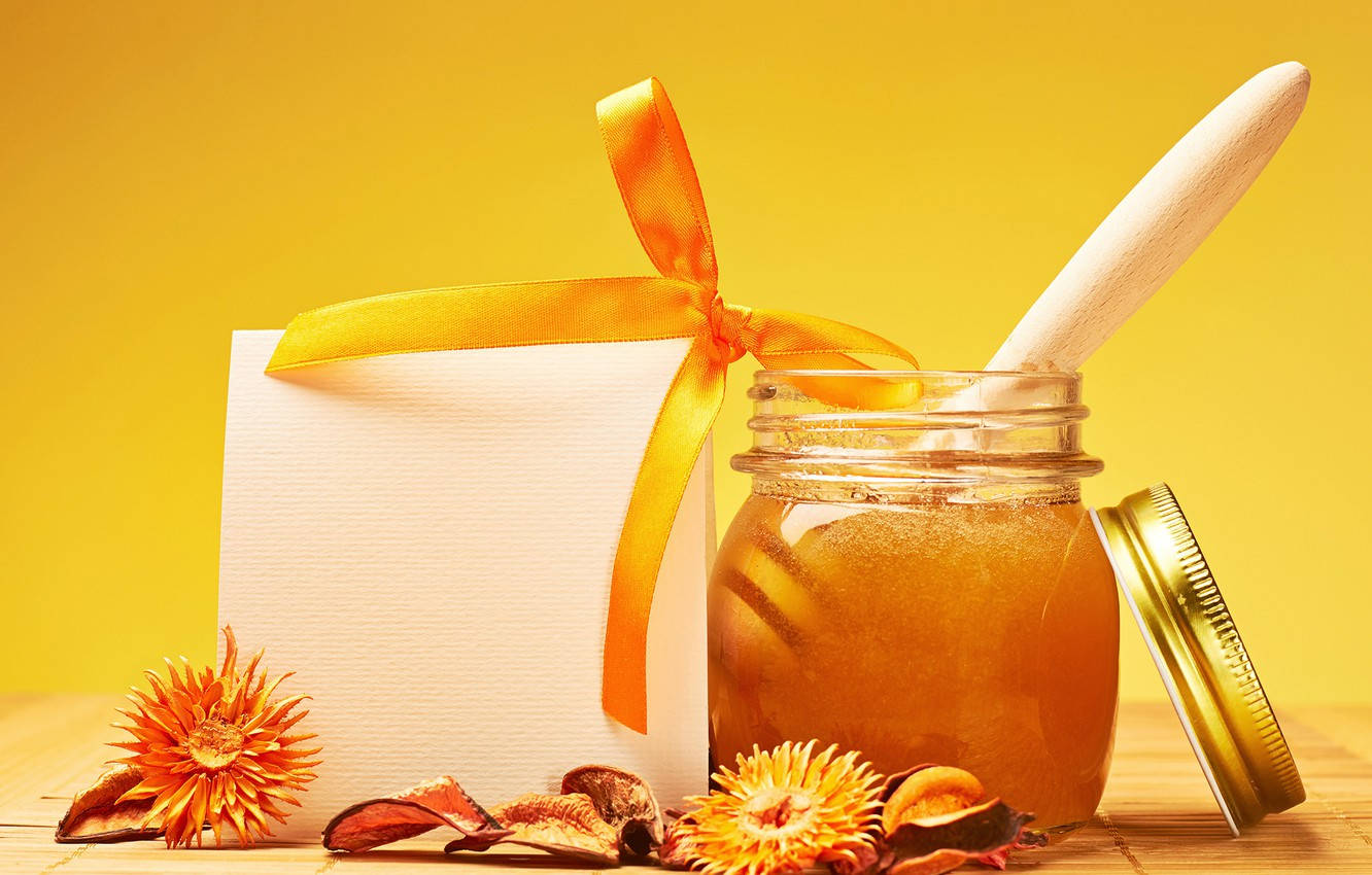 golden honey, wooden dipper, gift box, HD Desktop Wallpaper