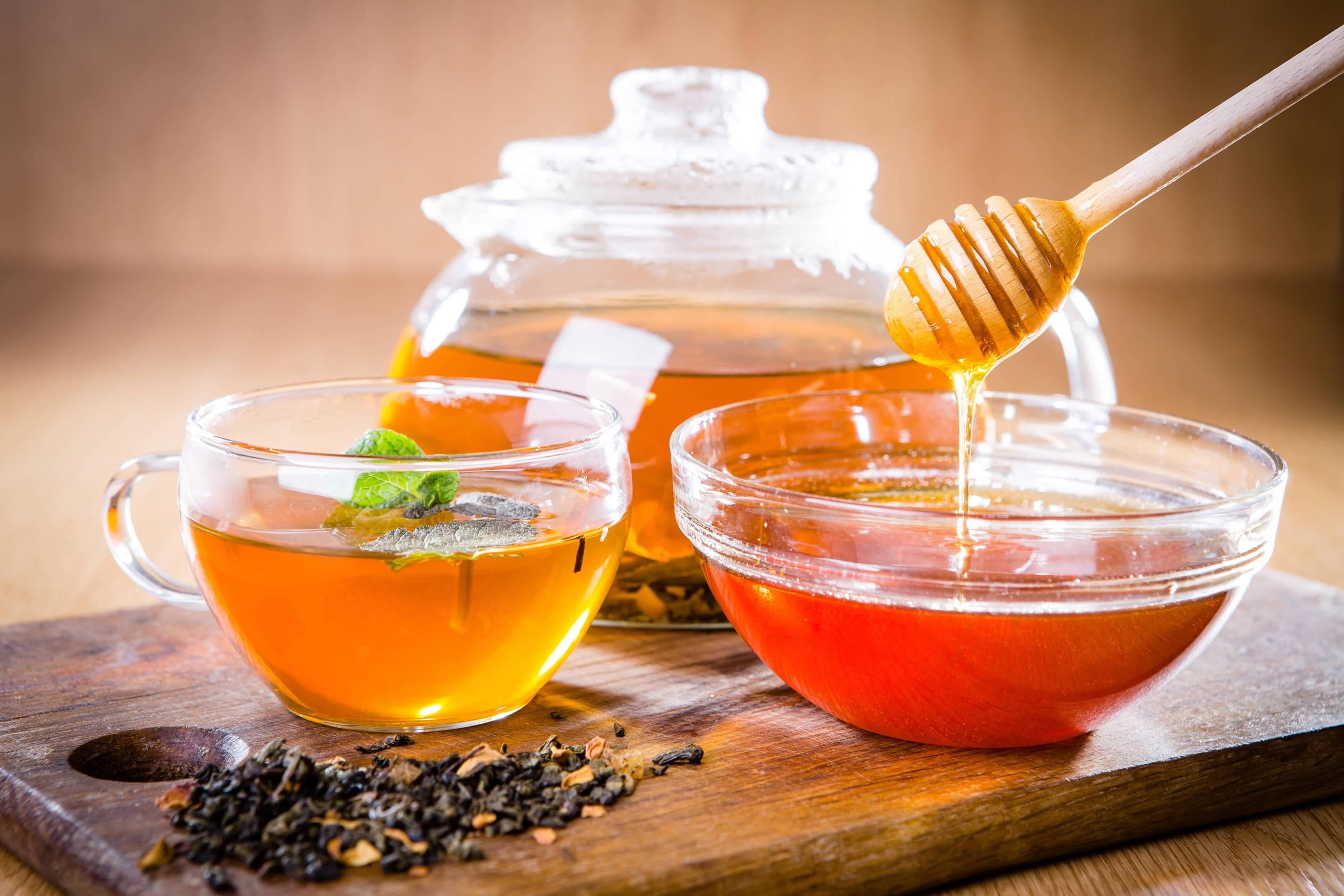 honey, wooden dipper, glass bowl, 2K Desktop Wallpaper
