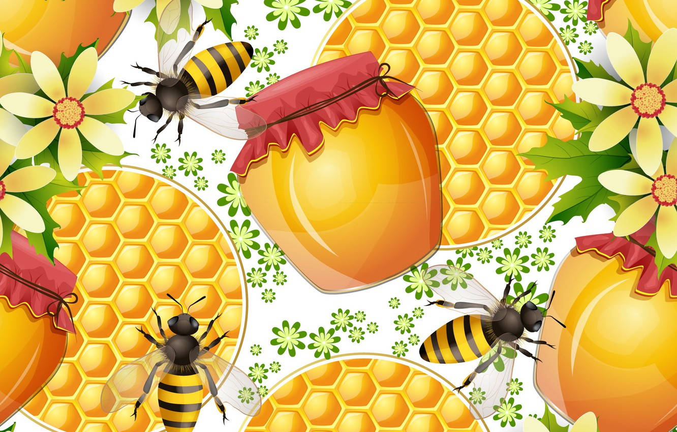 honeycombs, jars of golden honey, yellow flowers, HD Desktop Wallpaper