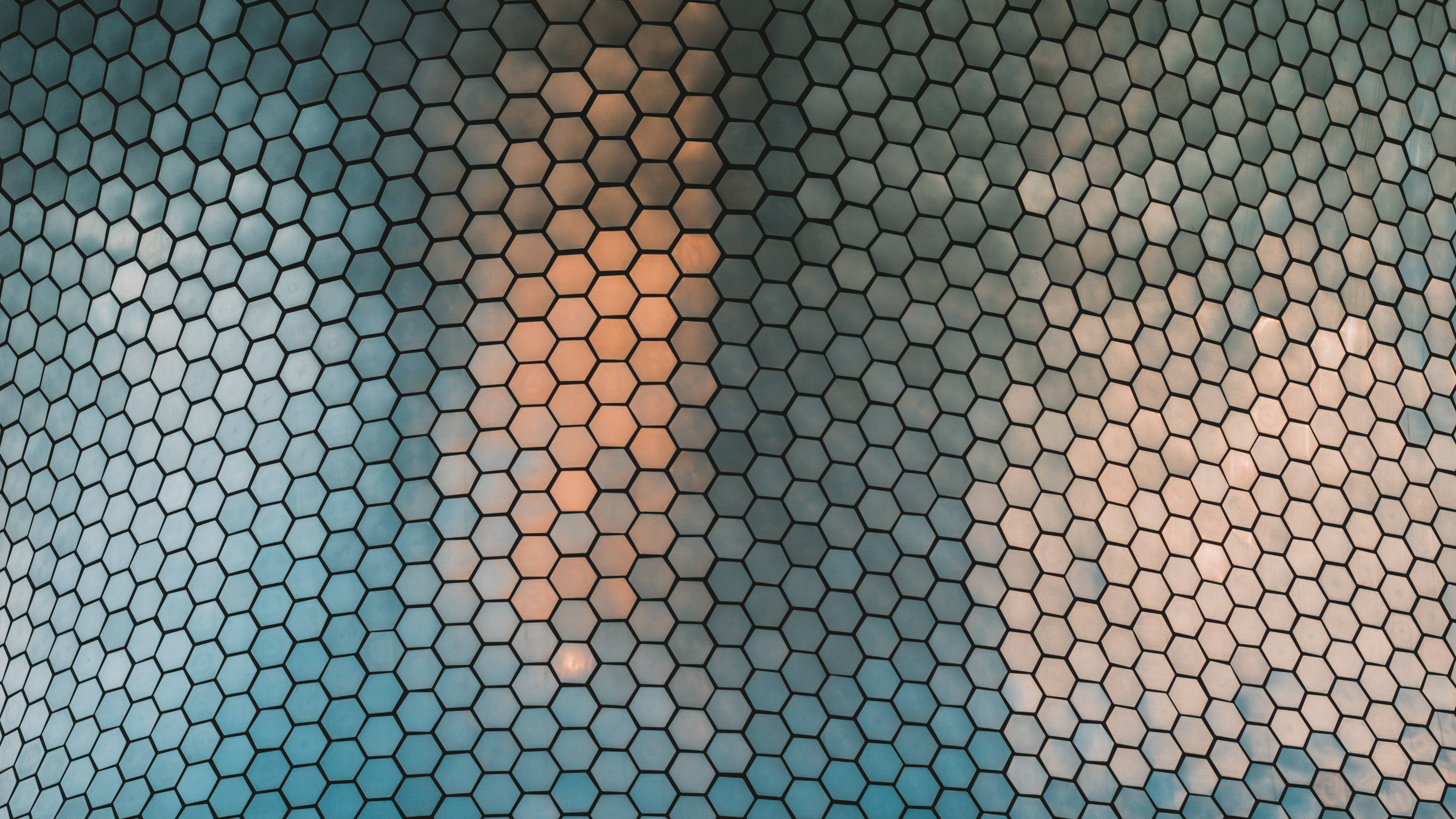 Honeycomb, hexagonal grid pattern, cool blue to warm orange gradient, 5K Desktop Wallpaper