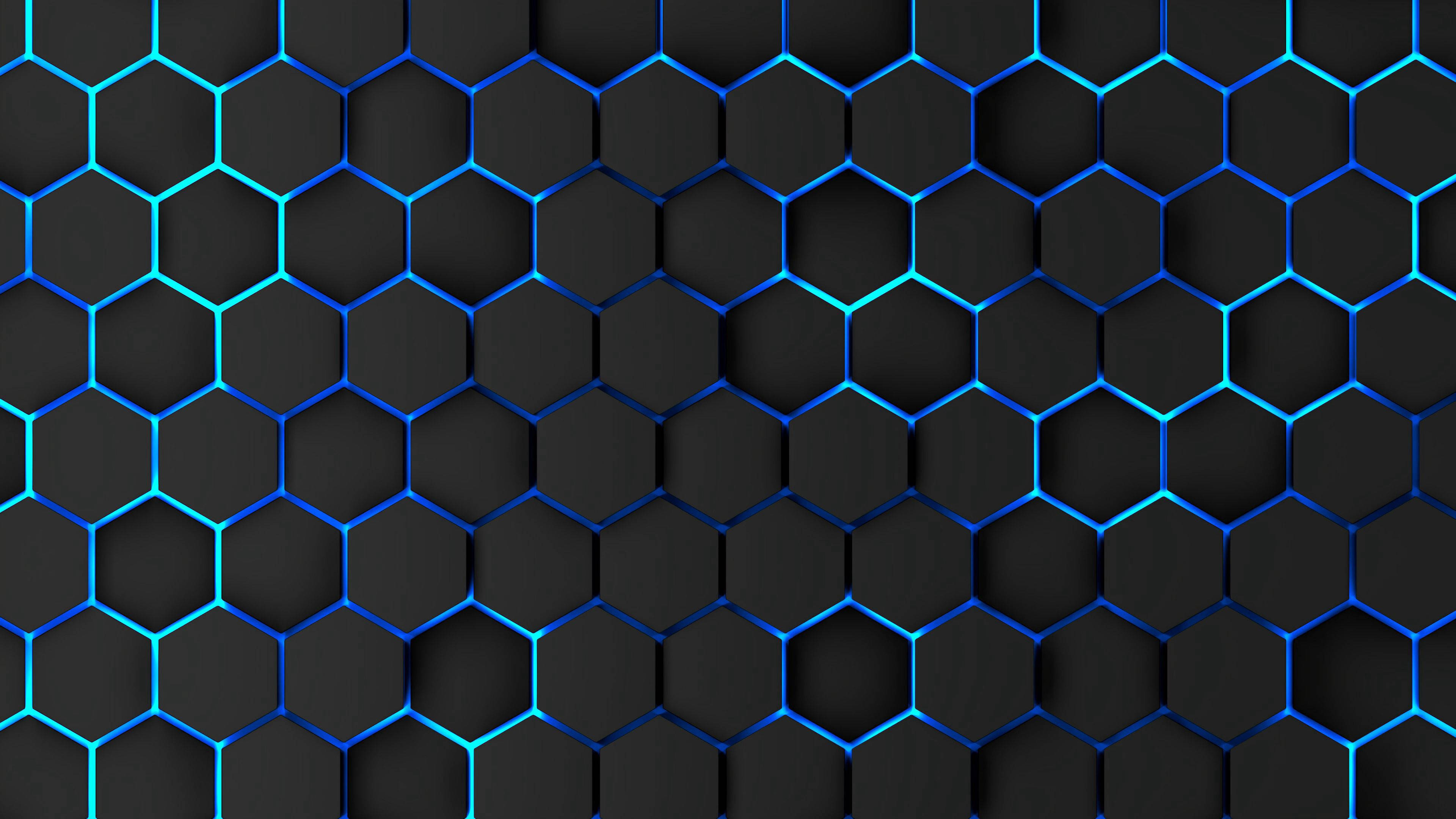 Honeycomb, blue lining, glowing blue hexagons, 4K Desktop Wallpaper