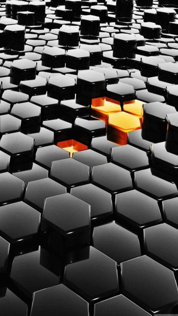 3D Phone Honeycomb Tiles, glossy black hexagonal tiles, glowing orange hexagon cluster, SD Phone Wallpaper