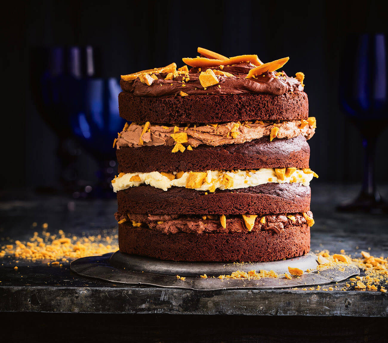 Honeycomb Chocolate Cake Layers, caramelized orange garnish, dark stone surface, HD Desktop Wallpaper