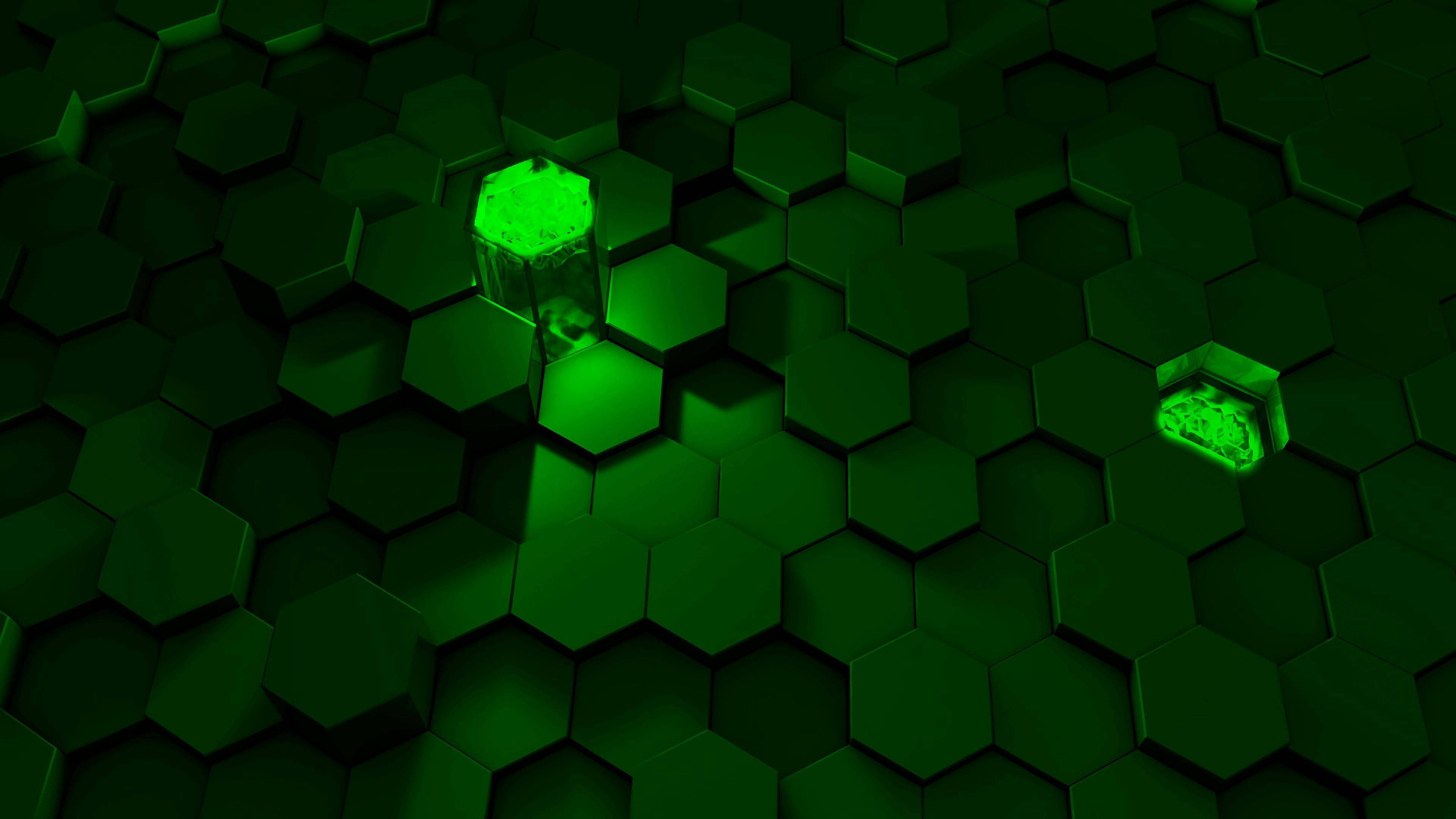 Honeycomb, green light, dark green hexagonal tiles, 4K Desktop Wallpaper