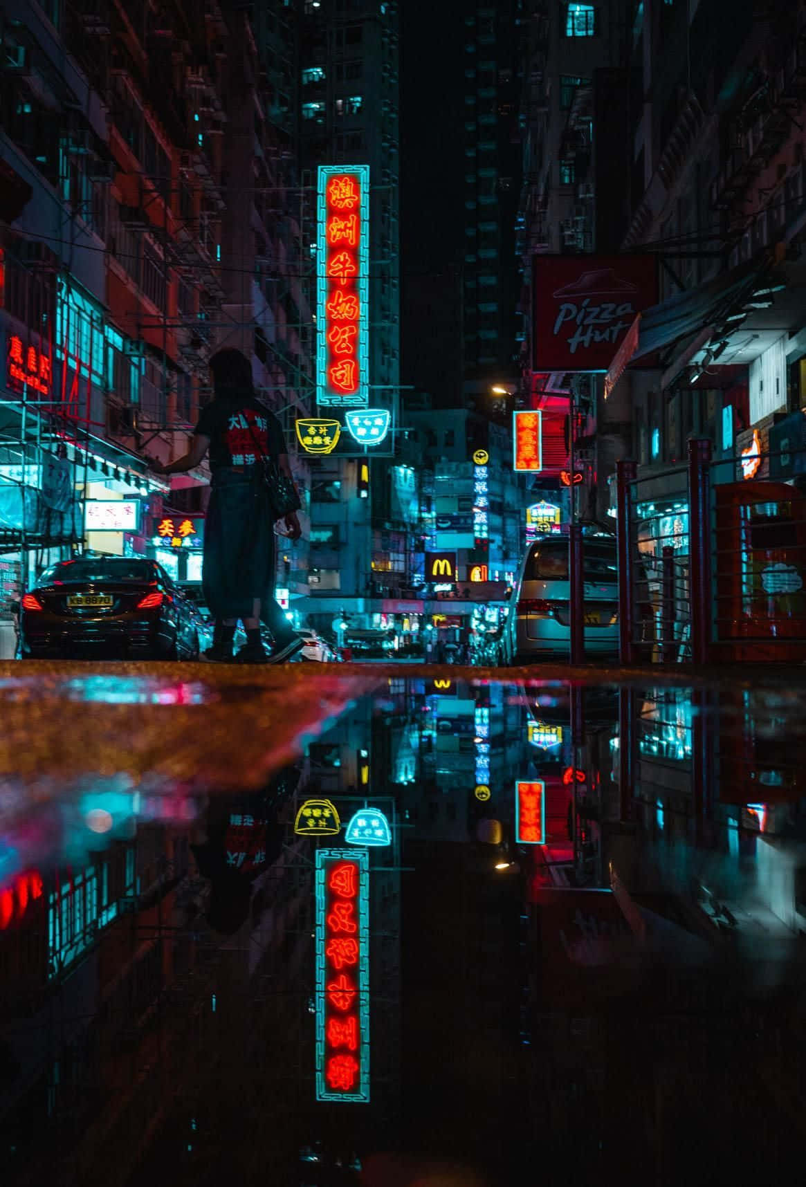 Hong Kong, neon-lit city street, rain-slicked, HD Phone Wallpaper