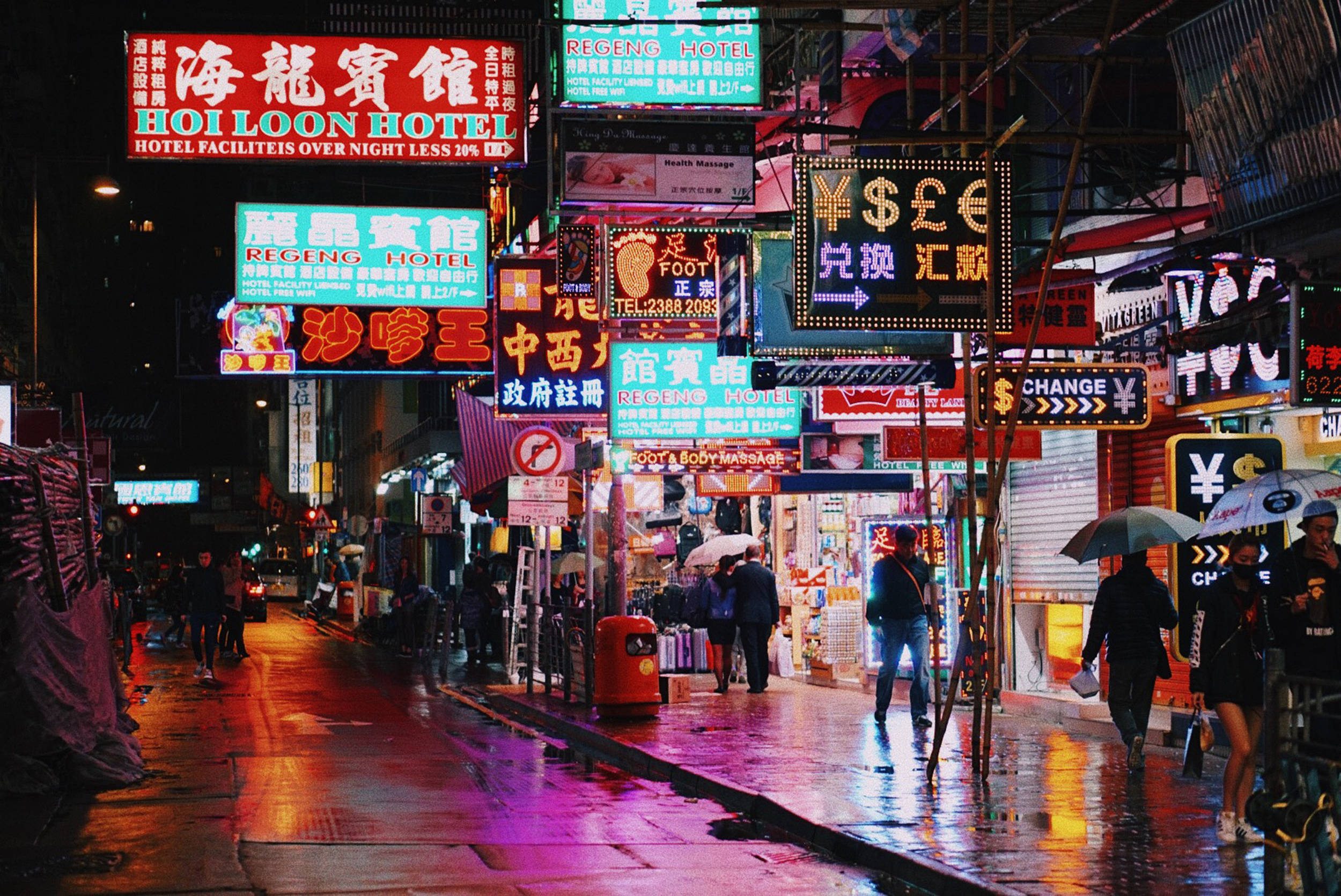 Hong Kong, neon signs, rain-slicked urban street, Full HD Desktop Wallpaper
