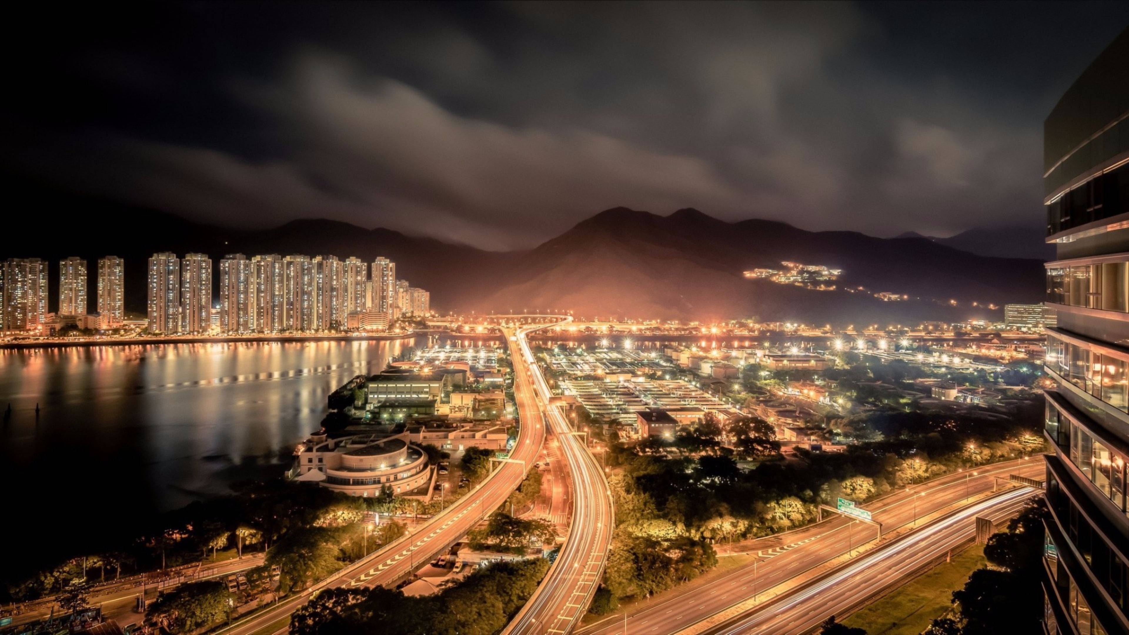 Hong Kong, city lights, glowing skyscrapers, 4K Desktop Wallpaper