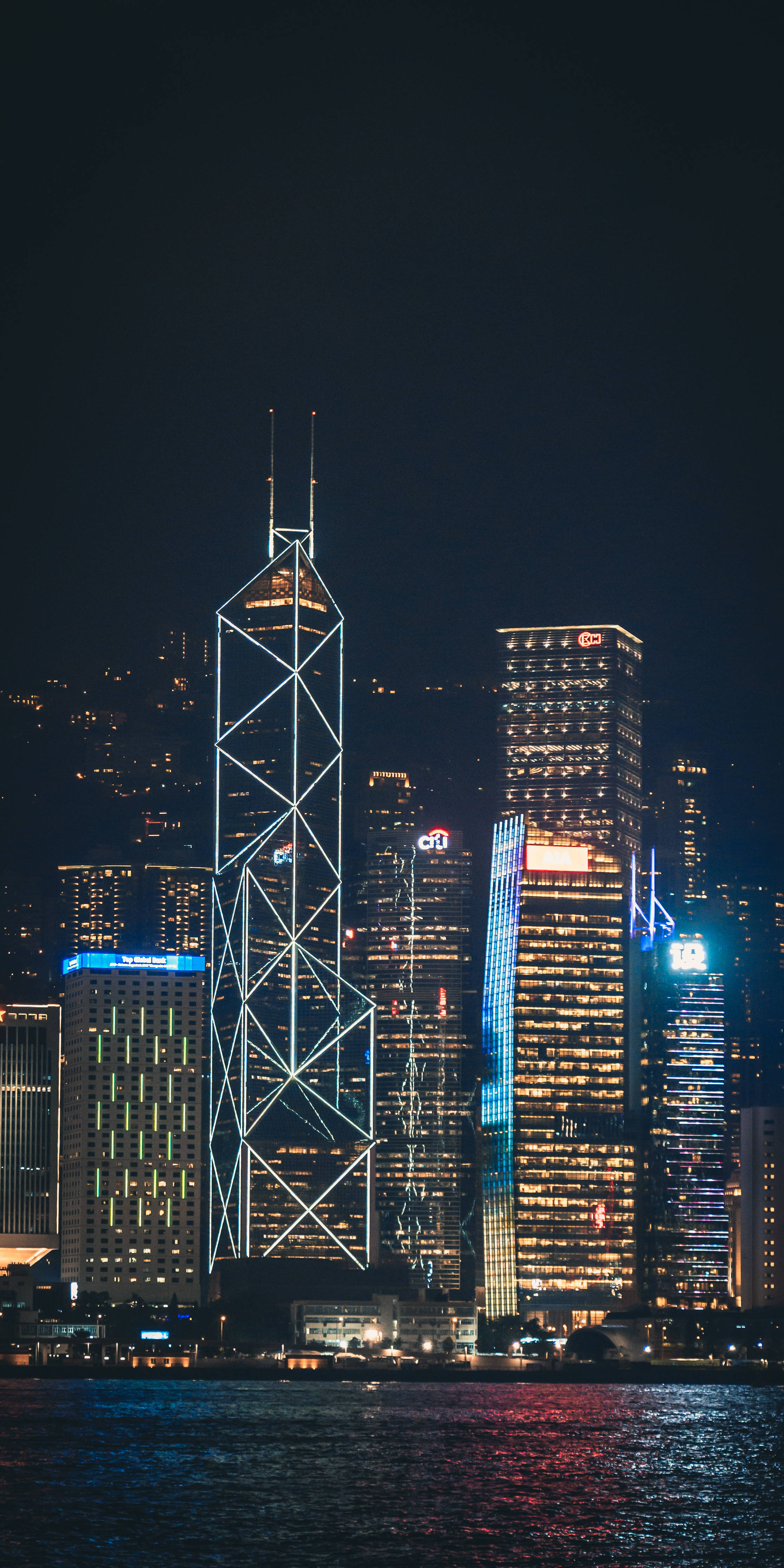 Hong Kong skyline, night lights, illuminated skyscrapers, 4K Phone Wallpaper