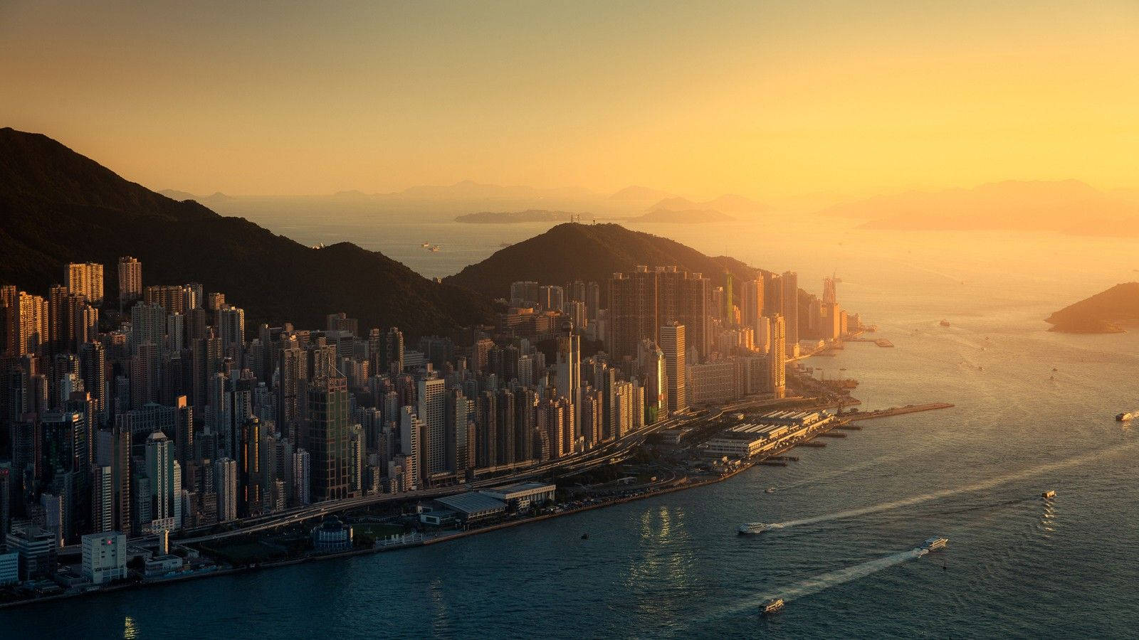 Hong Kong, golden sunset, skyline, HD Desktop Wallpaper