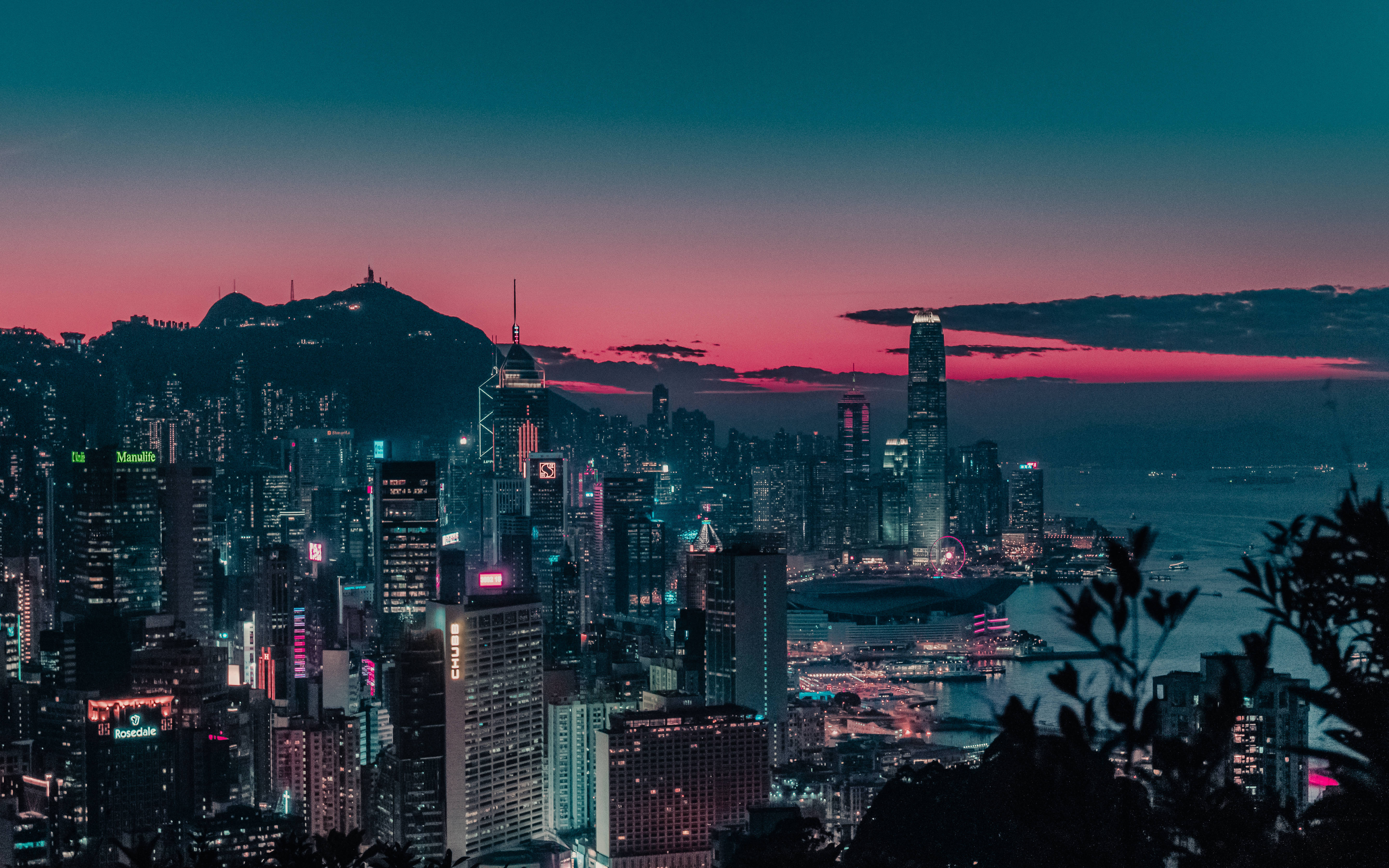 Hong Kong, pink sky, dark green sky, 5K Desktop Wallpaper