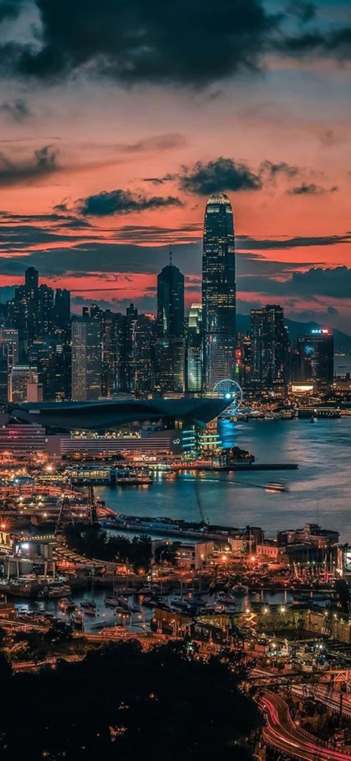 Hong Kong, sunset, skyline, Full HD Phone Wallpaper