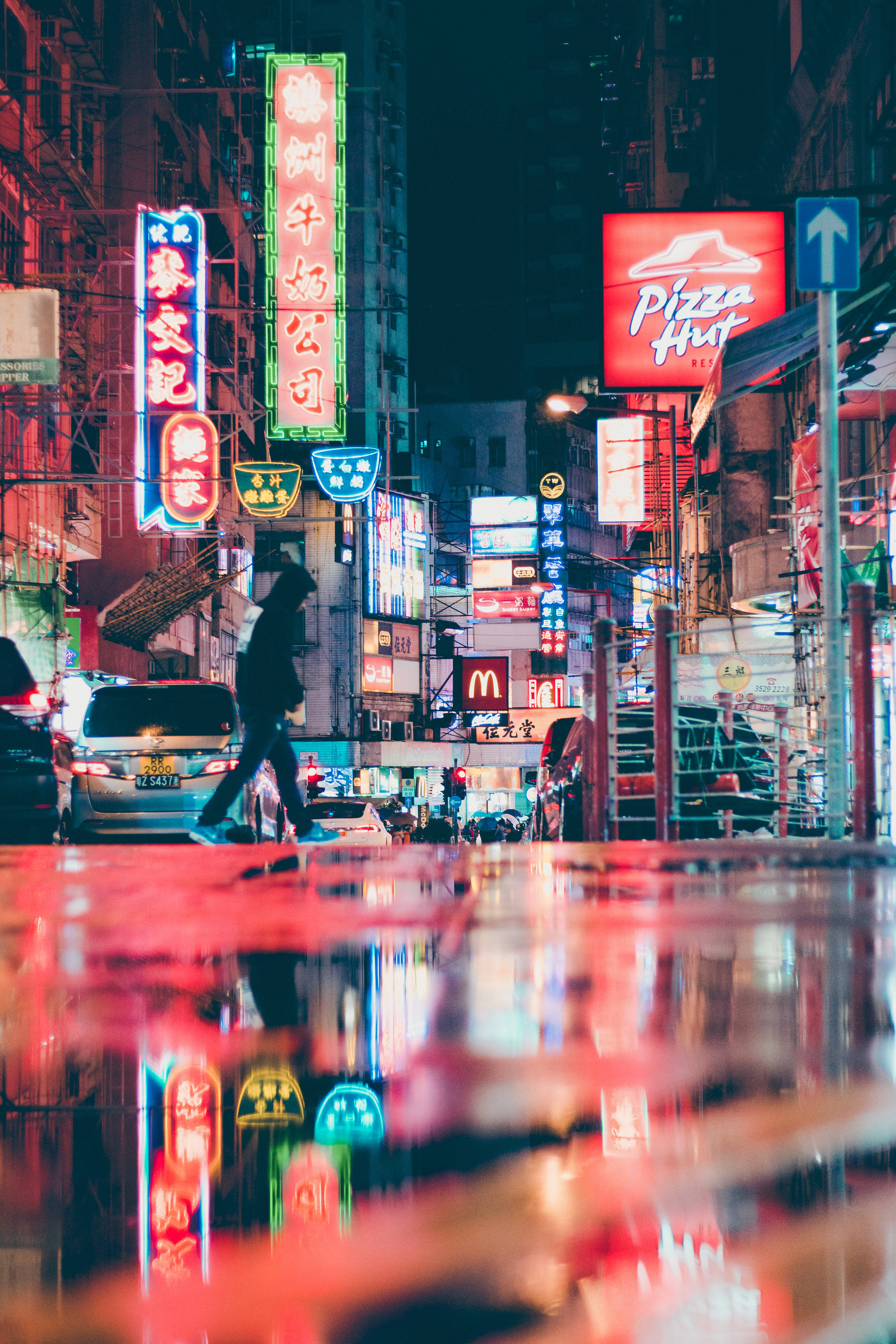 Hong Kong, neon light streets, rain-slicked city street, 5K Phone Wallpaper