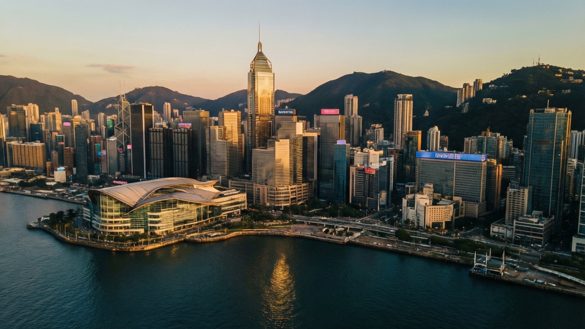 Golden Hour, Hong Kong skyline, golden sunset light, Full HD Desktop Wallpaper