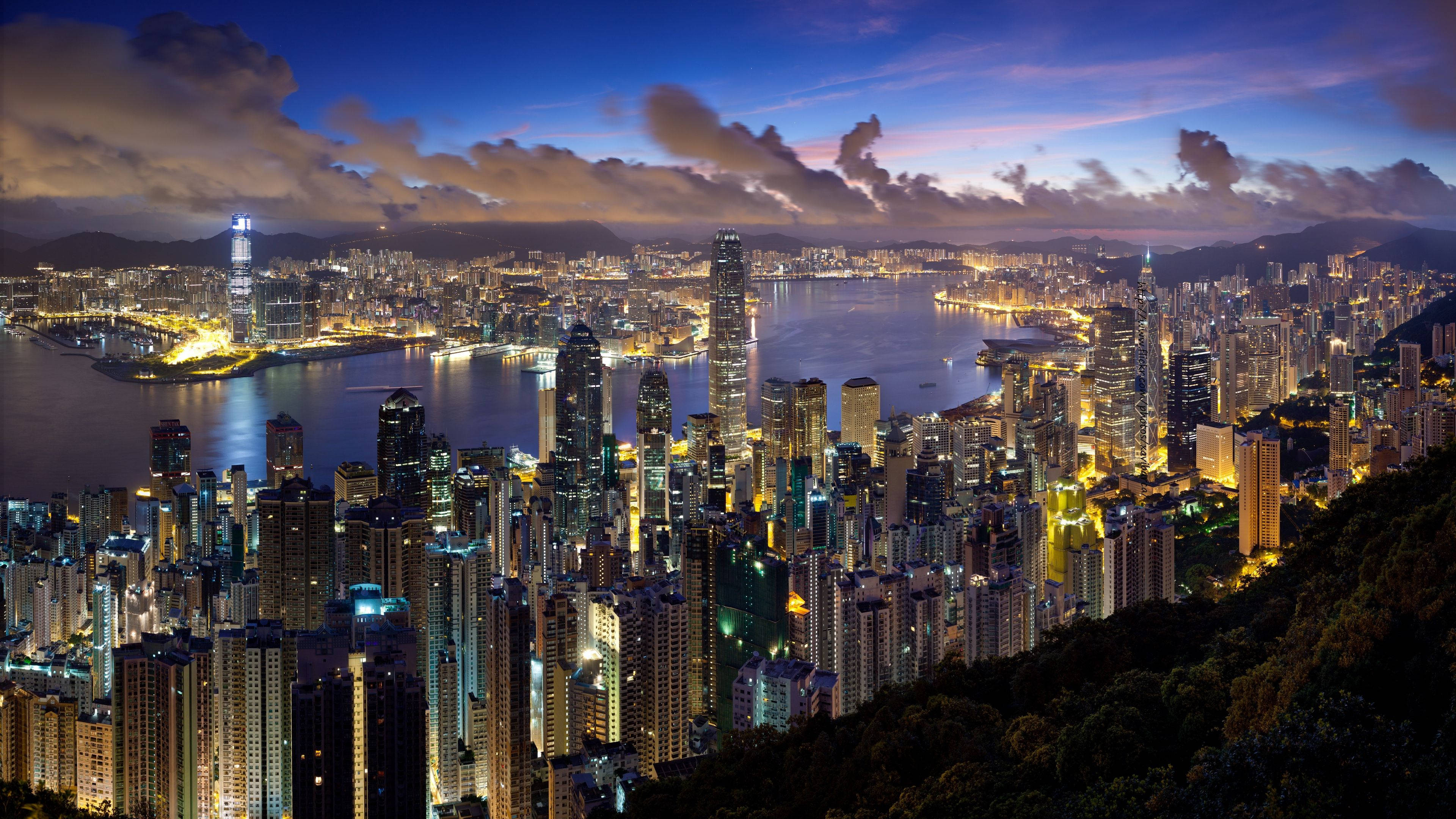 Hong Kong, twilight, skyscrapers, 4K Desktop Wallpaper