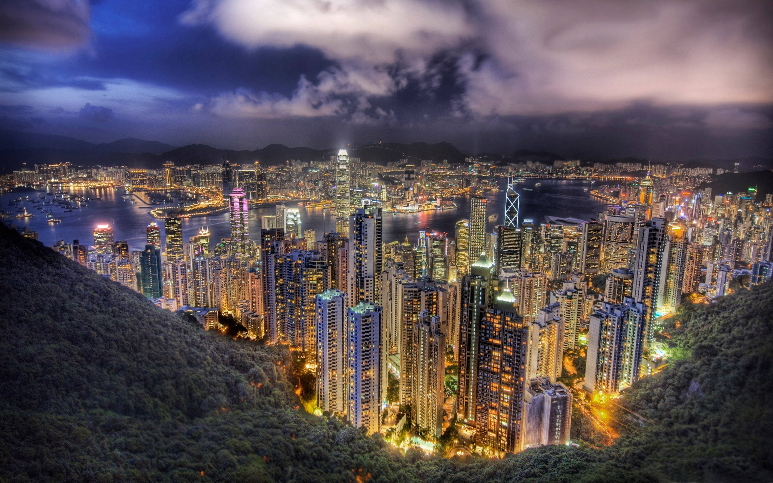 Hong Kong, twilight hour, illuminated skyline, 2K Desktop Wallpaper