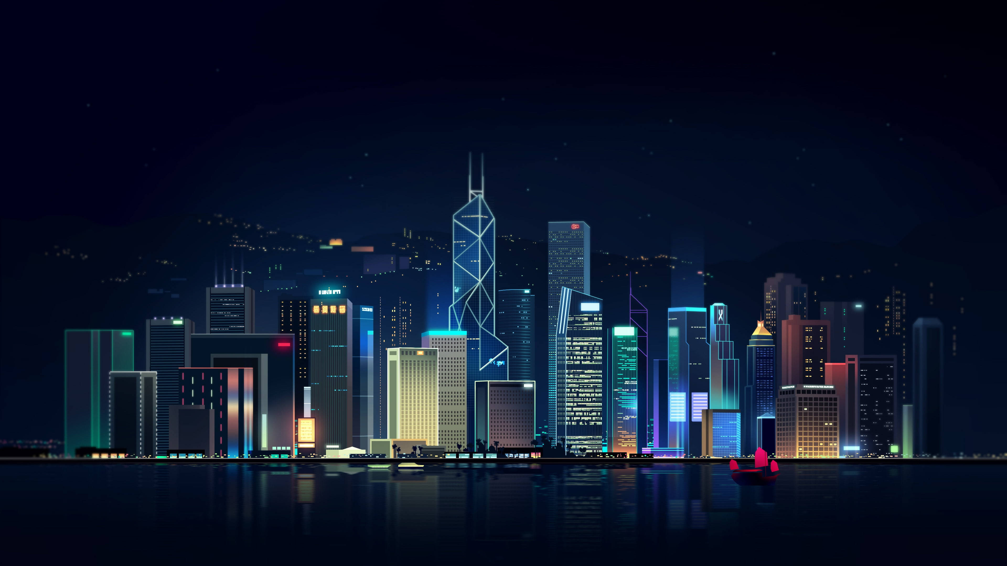 Hong Kong, neon-lit city skyline, night, 4K Desktop Wallpaper