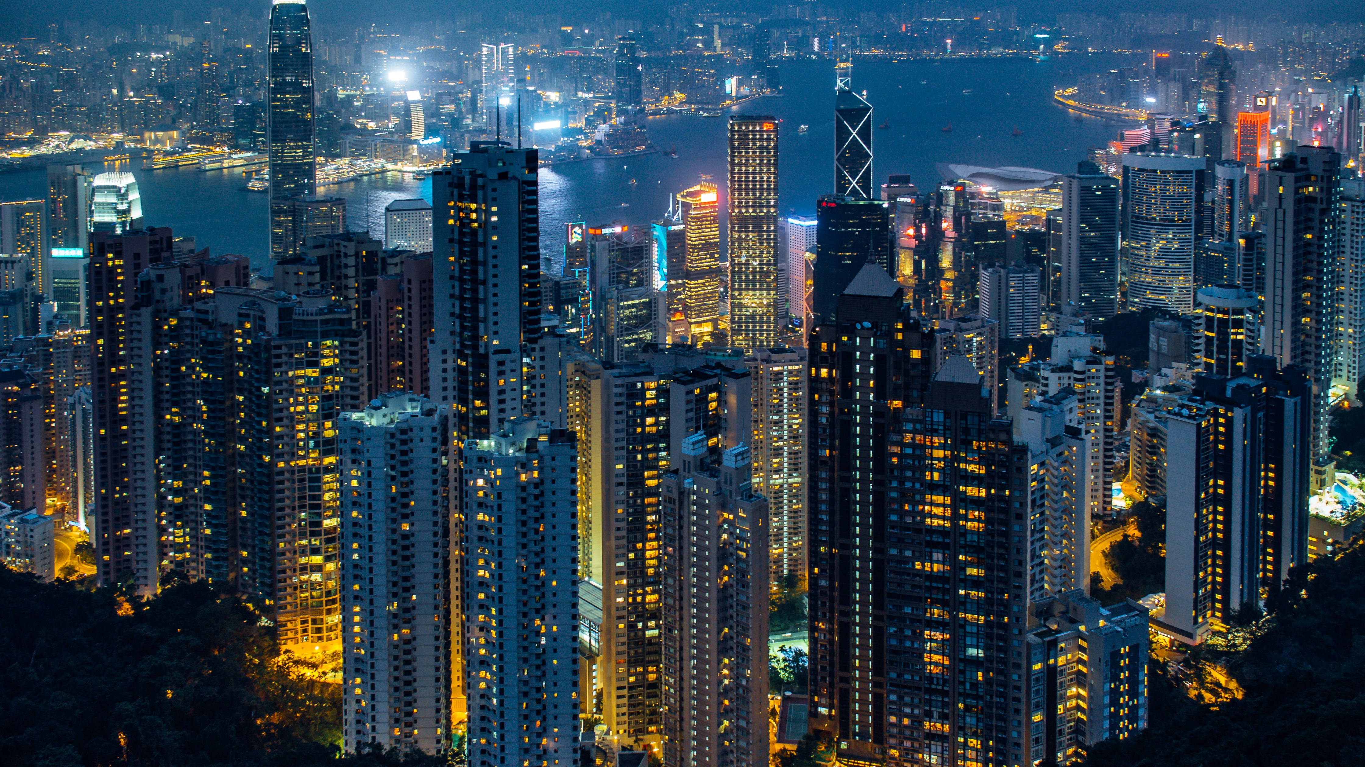 Hong Kong, skyline, night, 4K Desktop Wallpaper