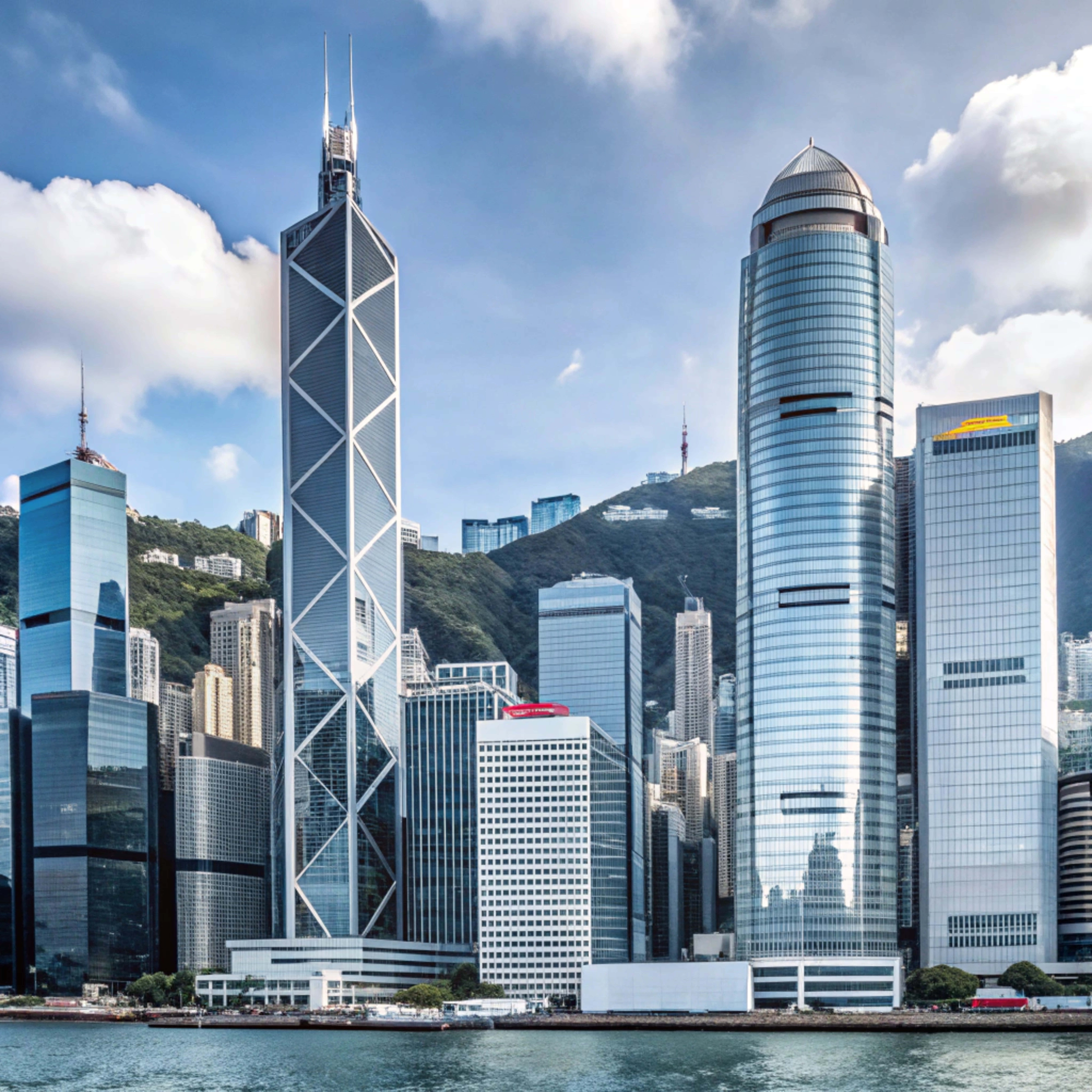 Hong Kong skyline, glass skyscrapers, blue sky, 8K Desktop Wallpaper