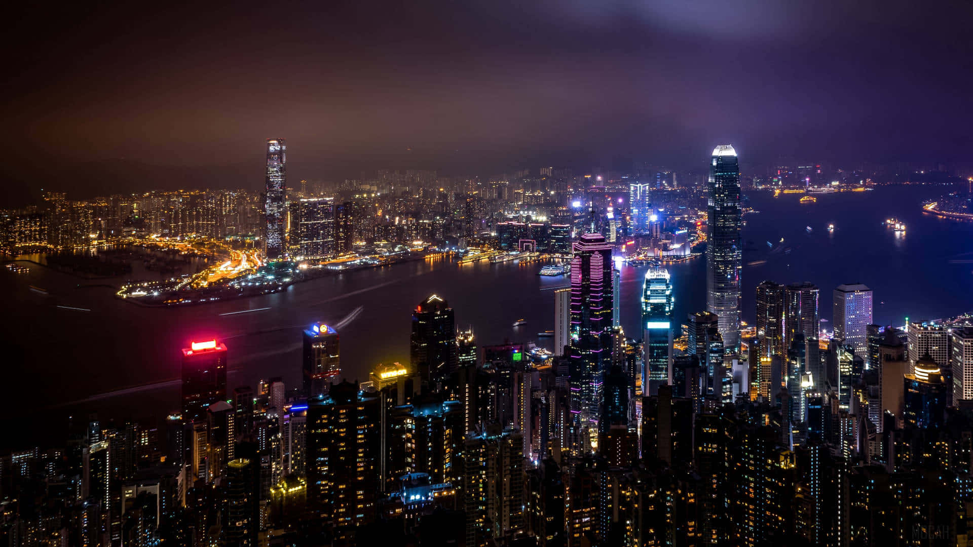 Hong Kong, night skyline, glowing skyscrapers, Full HD Desktop Wallpaper