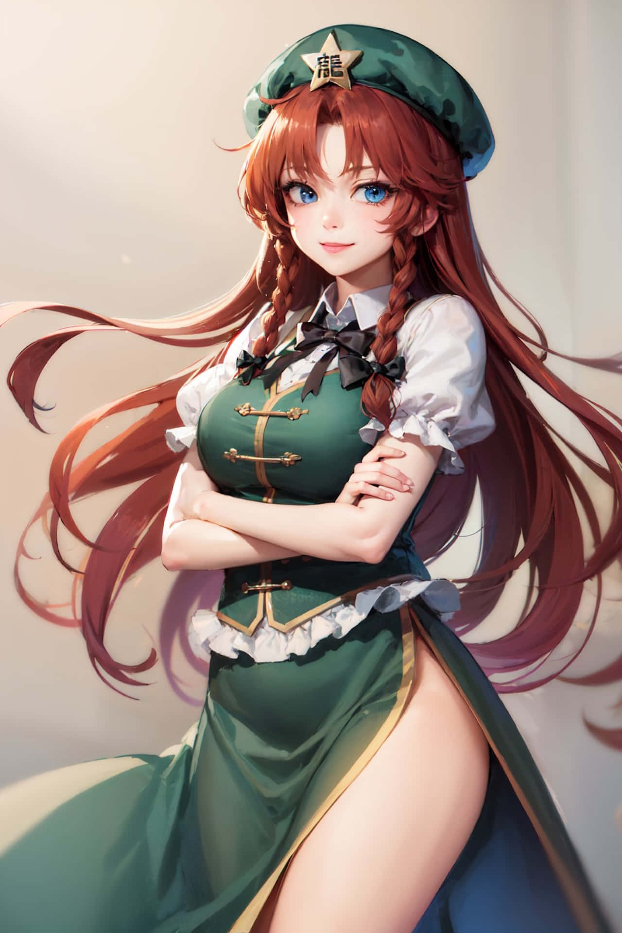Hong Meiling, red braided hair, blue eyes, Full HD Phone Wallpaper
