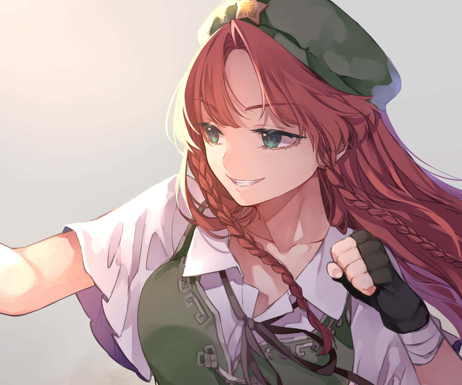 Hong Meiling, red braided hair, green beret, Full HD Desktop Wallpaper