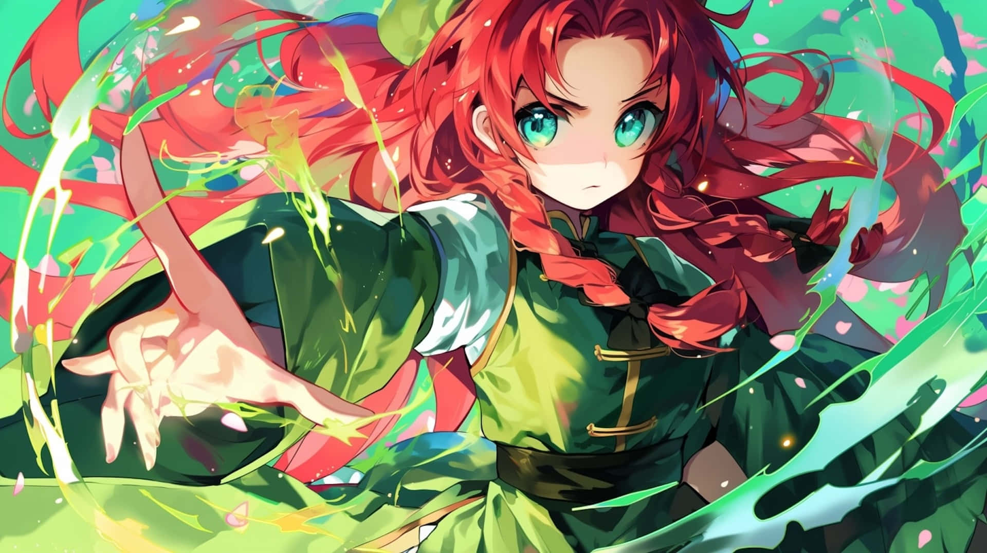 Hong Meiling, fiery red hair, glowing green eyes, Full HD Desktop Wallpaper