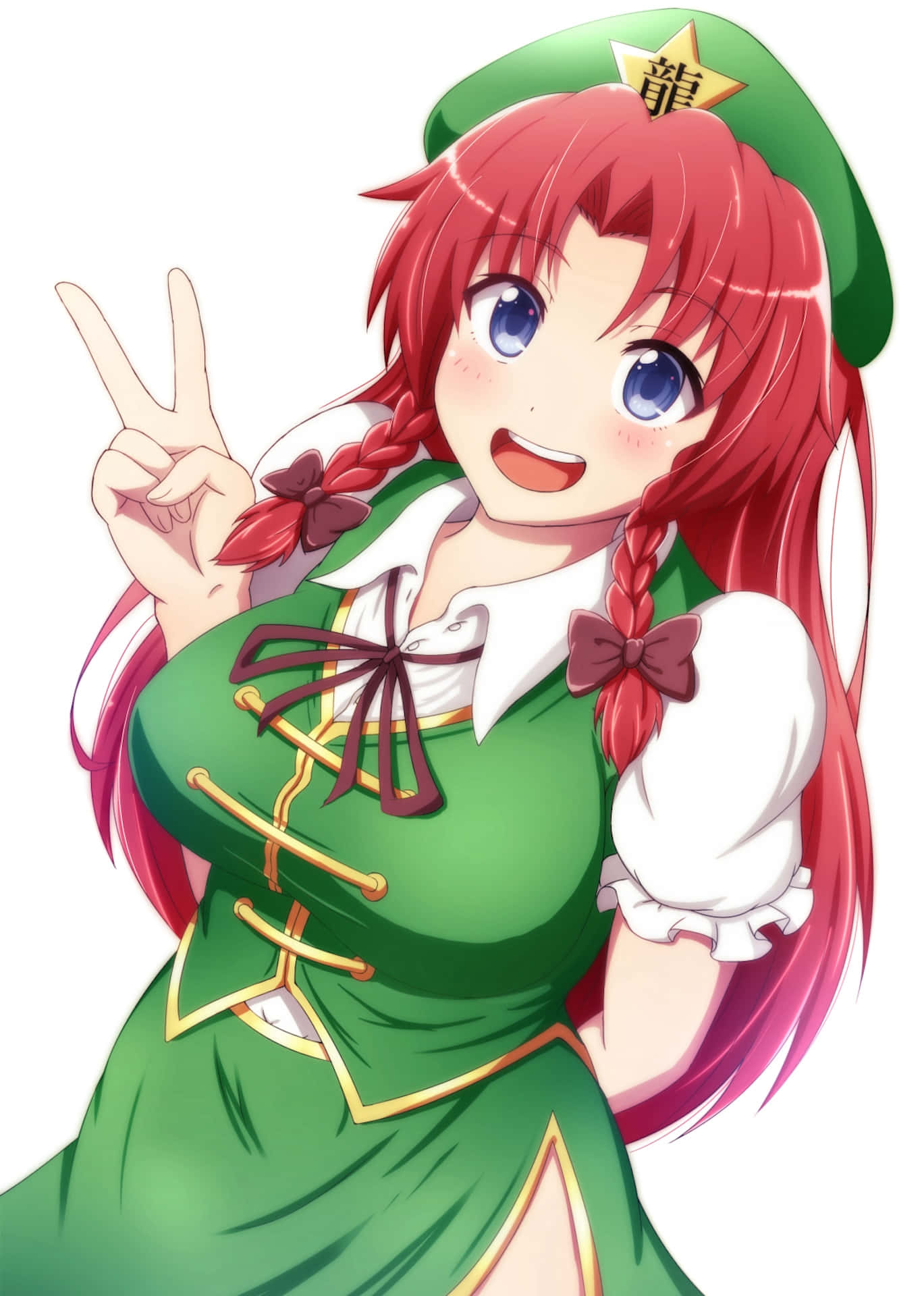 Hong Meiling, red braided hair, green outfit, Full HD Phone Wallpaper