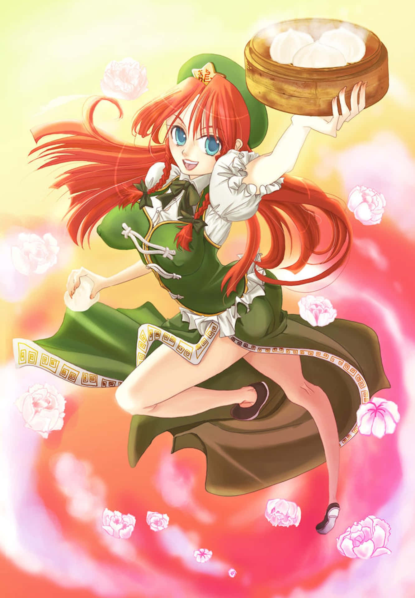 Hong Meiling, red hair, green outfit, Full HD Phone Wallpaper