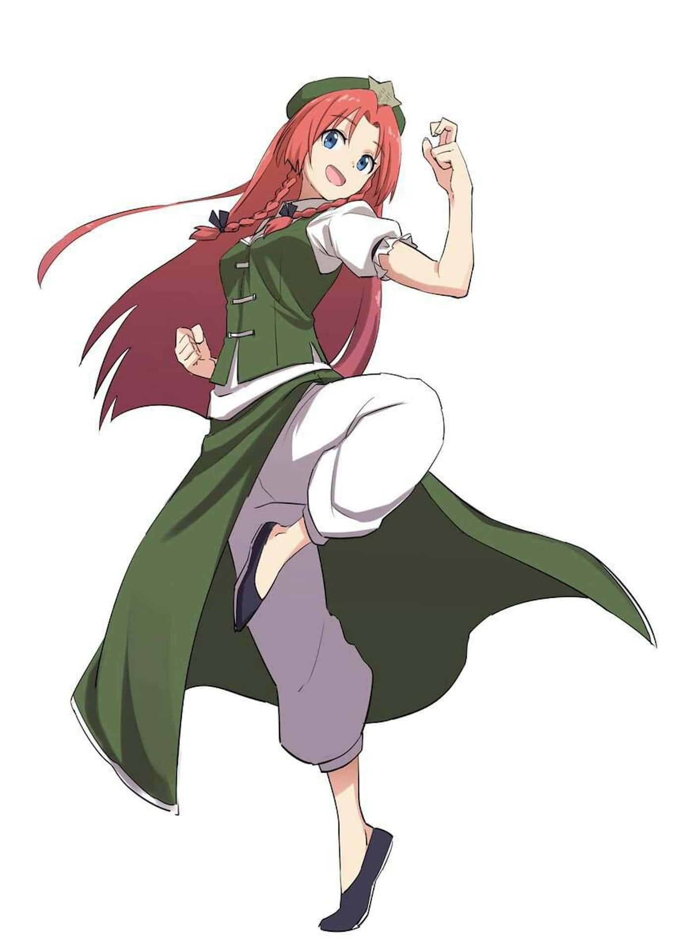 Hong Meiling, red braided hair, green cloak, Full HD Phone Wallpaper