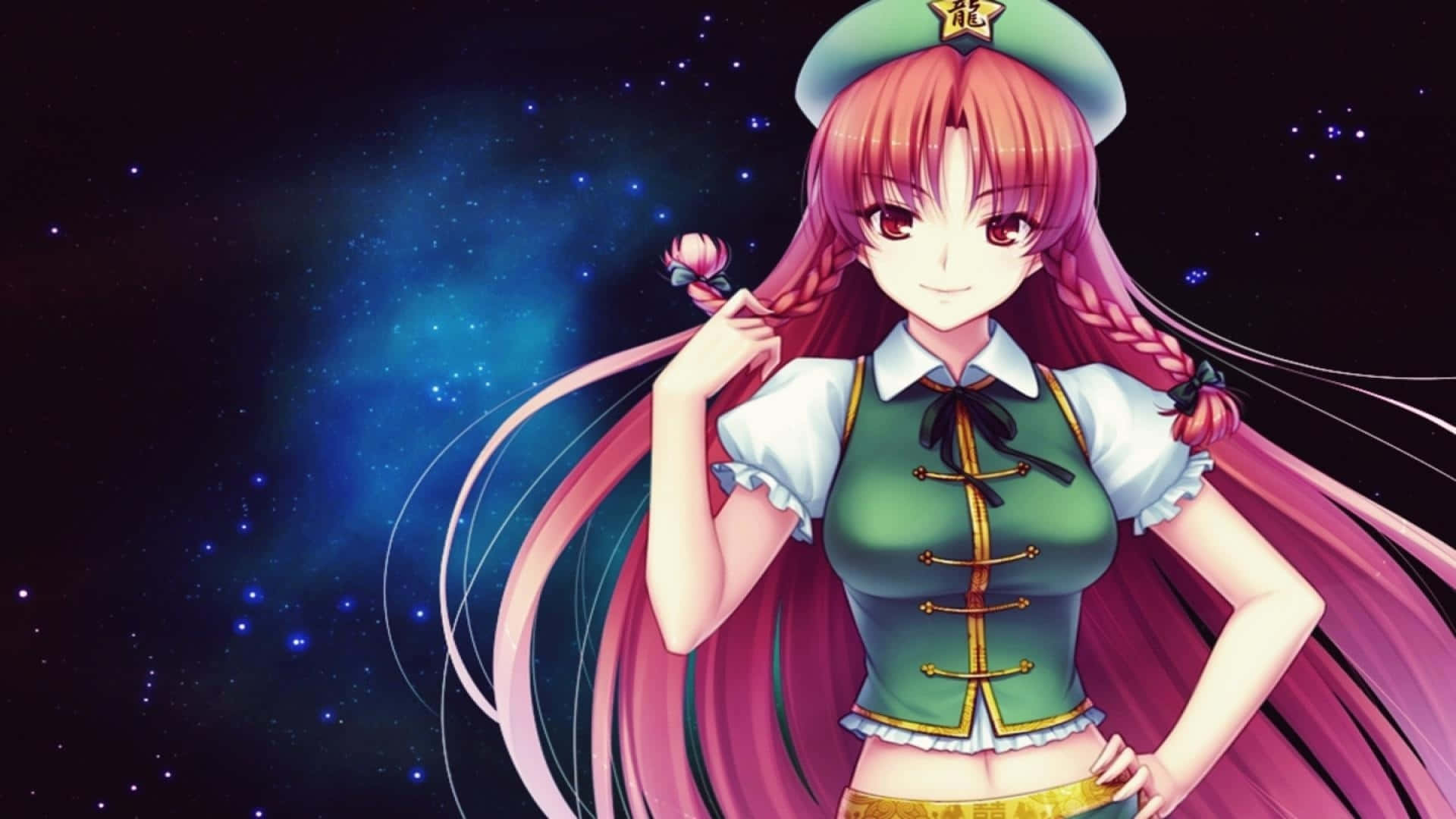 Hong Meiling, starry cosmic backdrop, long pink braided hair, Full HD Desktop Wallpaper