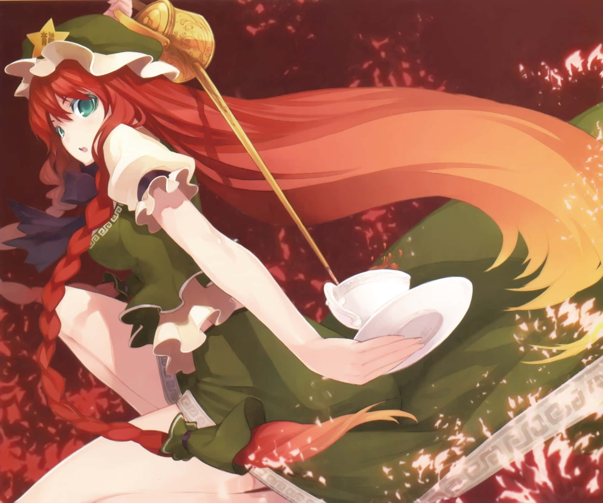 Hong Meiling, red-haired anime character, green dress, Full HD Desktop Wallpaper