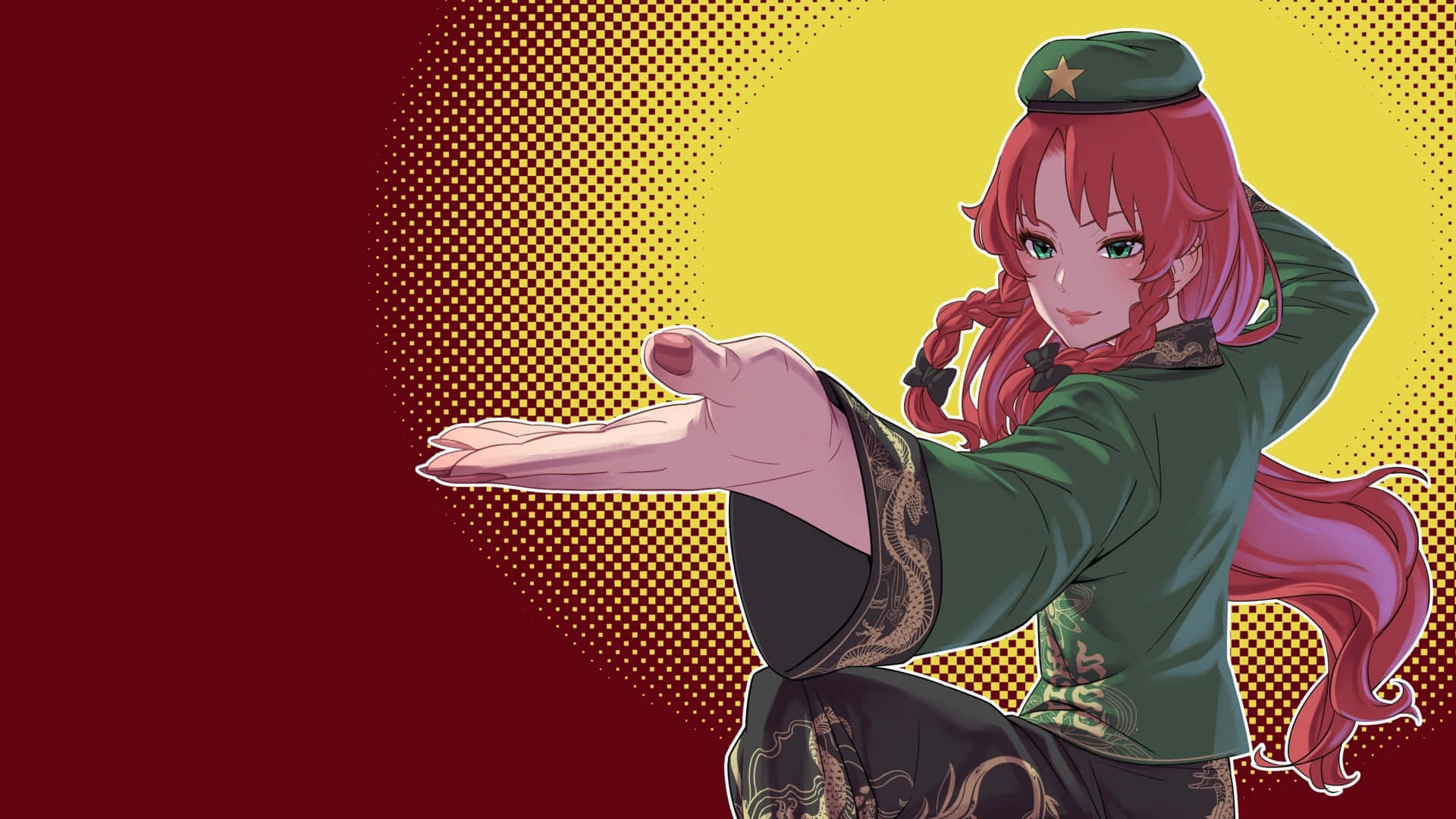 Hong Meiling, red-haired anime girl, green military-style outfit, Full HD Desktop Wallpaper
