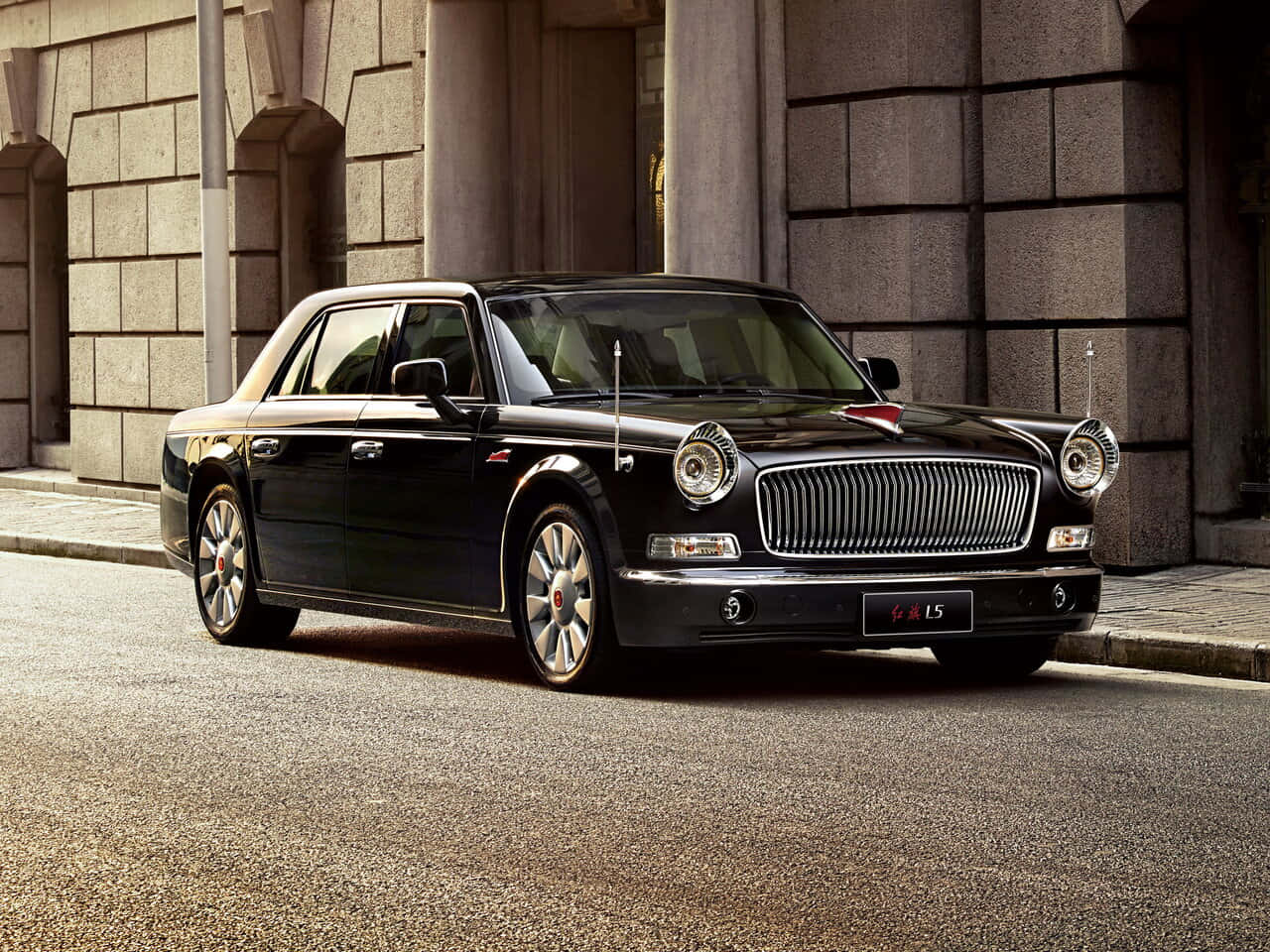 Hongqi L5, sleek black, stone-paved street, HD Desktop Wallpaper