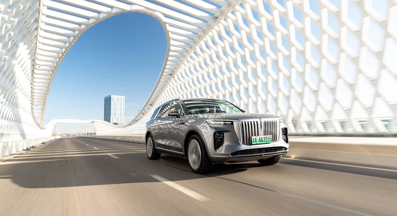 Hongqi, sleek silver SUV, futuristic white lattice bridge, HD Desktop Wallpaper