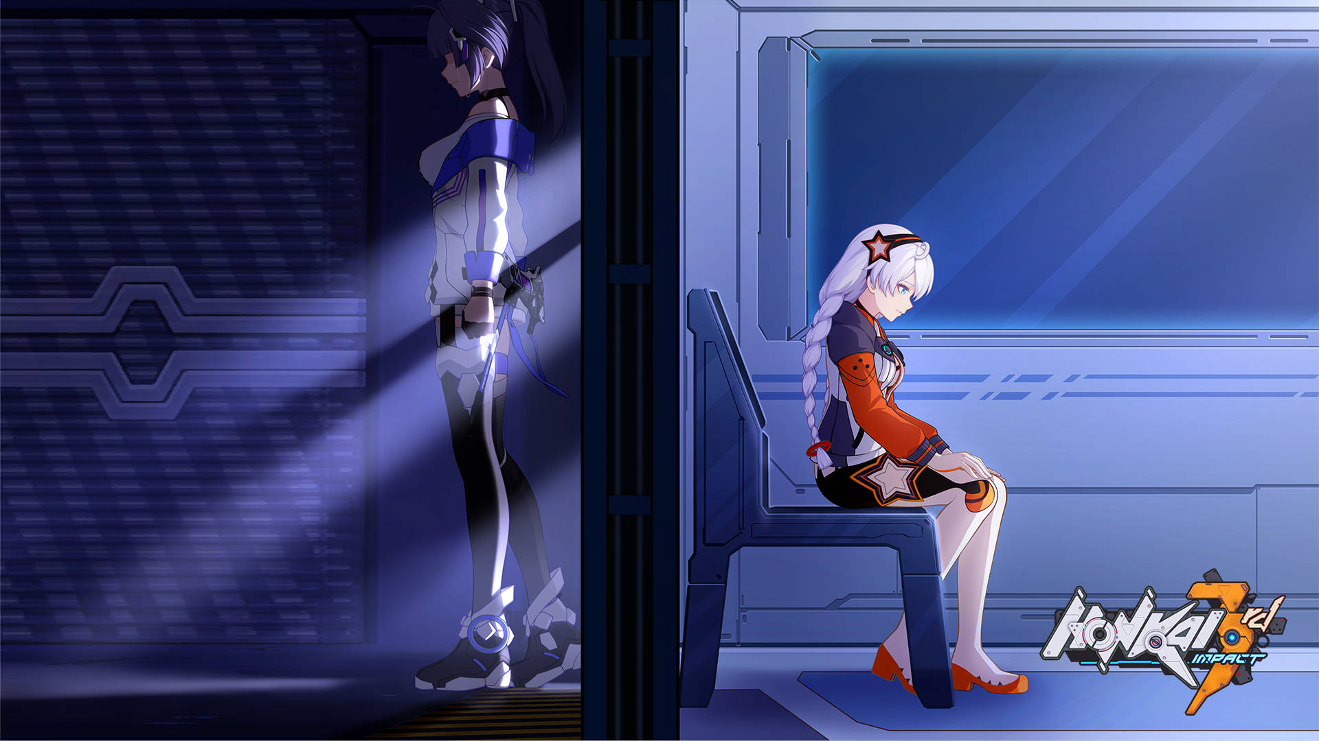 Honkai Impact, futuristic blue-lit corridor, glowing panels, Full HD Desktop Wallpaper