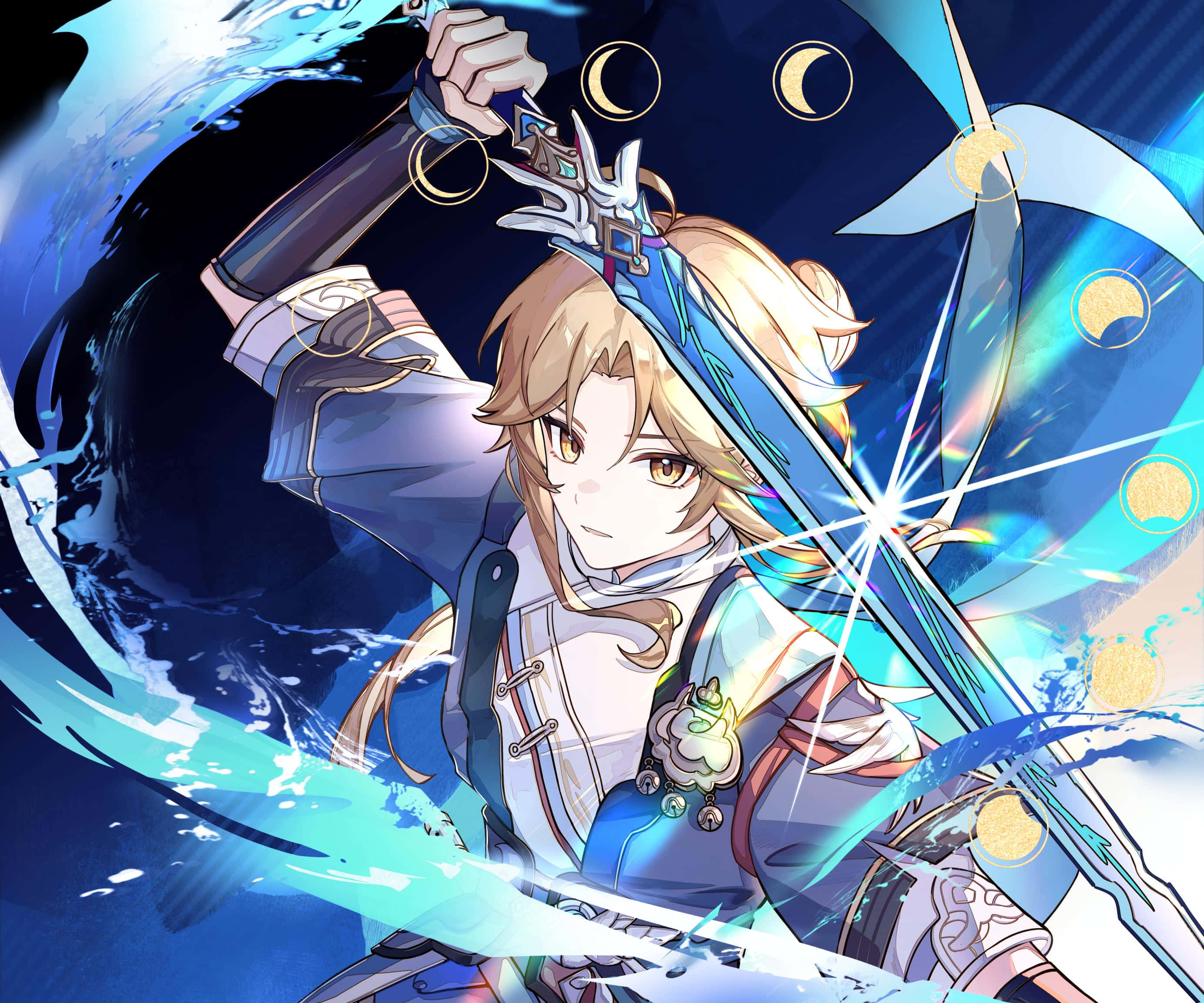 Honkai Star Rail, blonde anime warrior, glowing blue sword, 2K Desktop Wallpaper