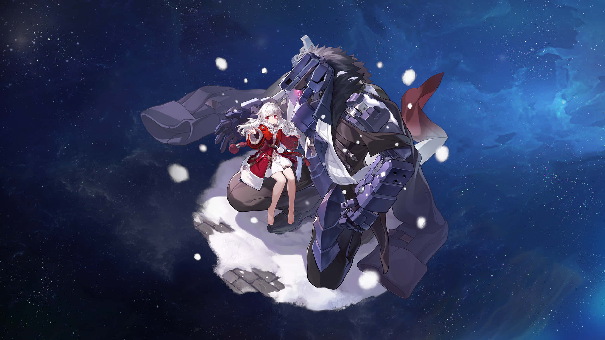 Honkai Star Rail, white-haired girl in red, giant armored mech, 2K Desktop Wallpaper